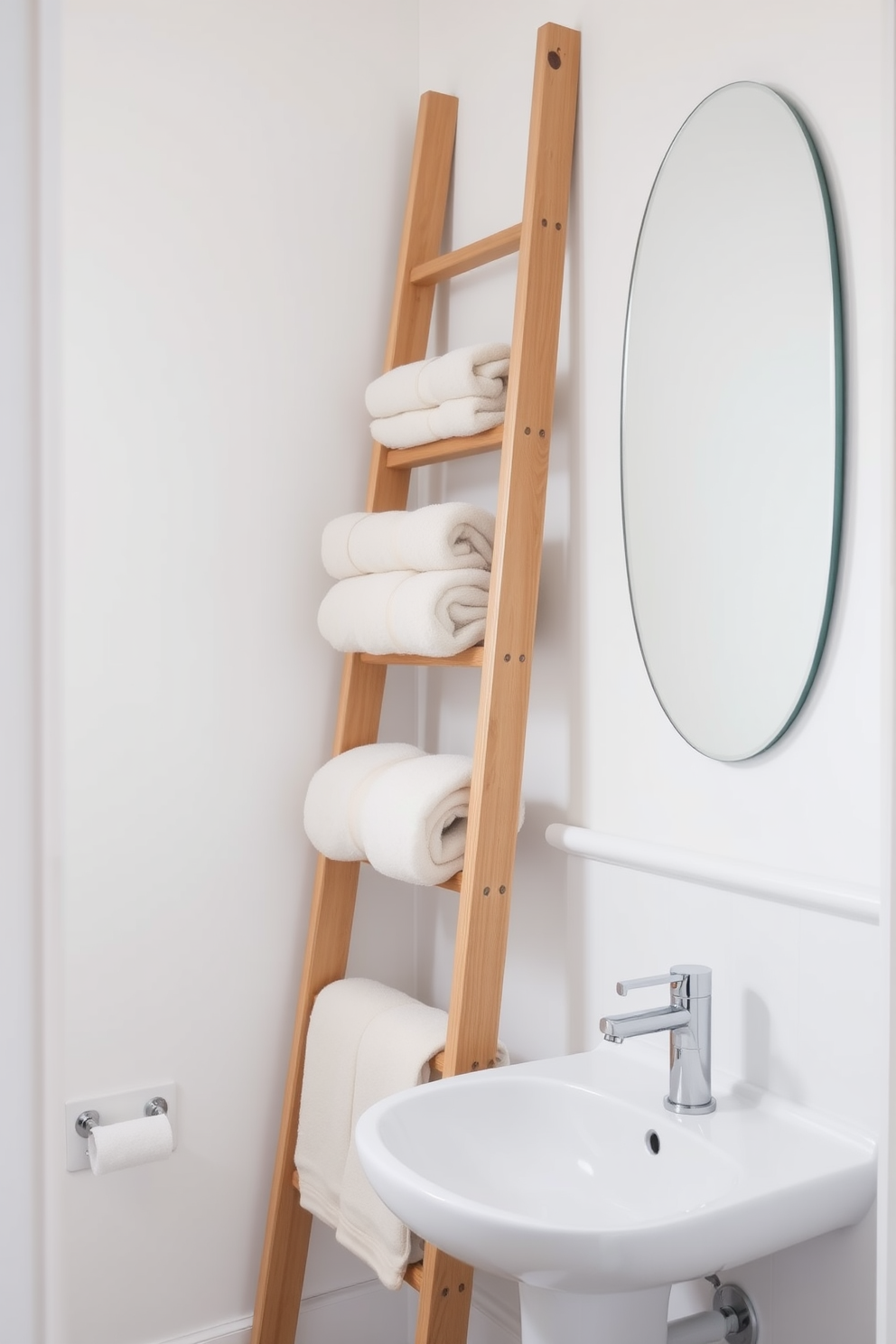 A stylish white powder room featuring a decorative ladder for towel storage. The ladder is made of natural wood and leans against the wall, showcasing neatly arranged towels in soft, neutral tones. The walls are painted a crisp white, creating a bright and airy atmosphere. A sleek small sink with a polished chrome faucet is positioned next to the ladder, complemented by a minimalist mirror above it.