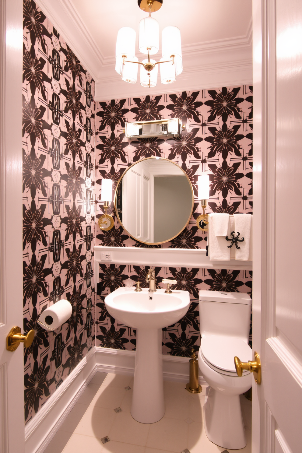 A stunning white powder room features a bold accent wall adorned with striking geometric patterns. The contrast between the vibrant wall and the pristine white fixtures creates a modern and sophisticated atmosphere. The space includes a sleek pedestal sink with a chrome faucet and a round mirror that enhances the room's depth. Elegant lighting fixtures illuminate the area, adding a touch of warmth and style.