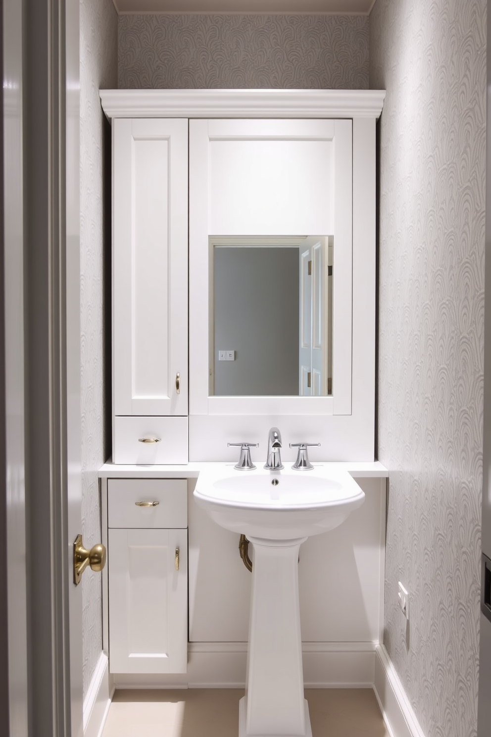 Bright white cabinetry with brushed nickel handles creates a clean and modern aesthetic in the powder room. The walls are adorned with soft gray wallpaper, and a sleek white pedestal sink complements the cabinetry beautifully.