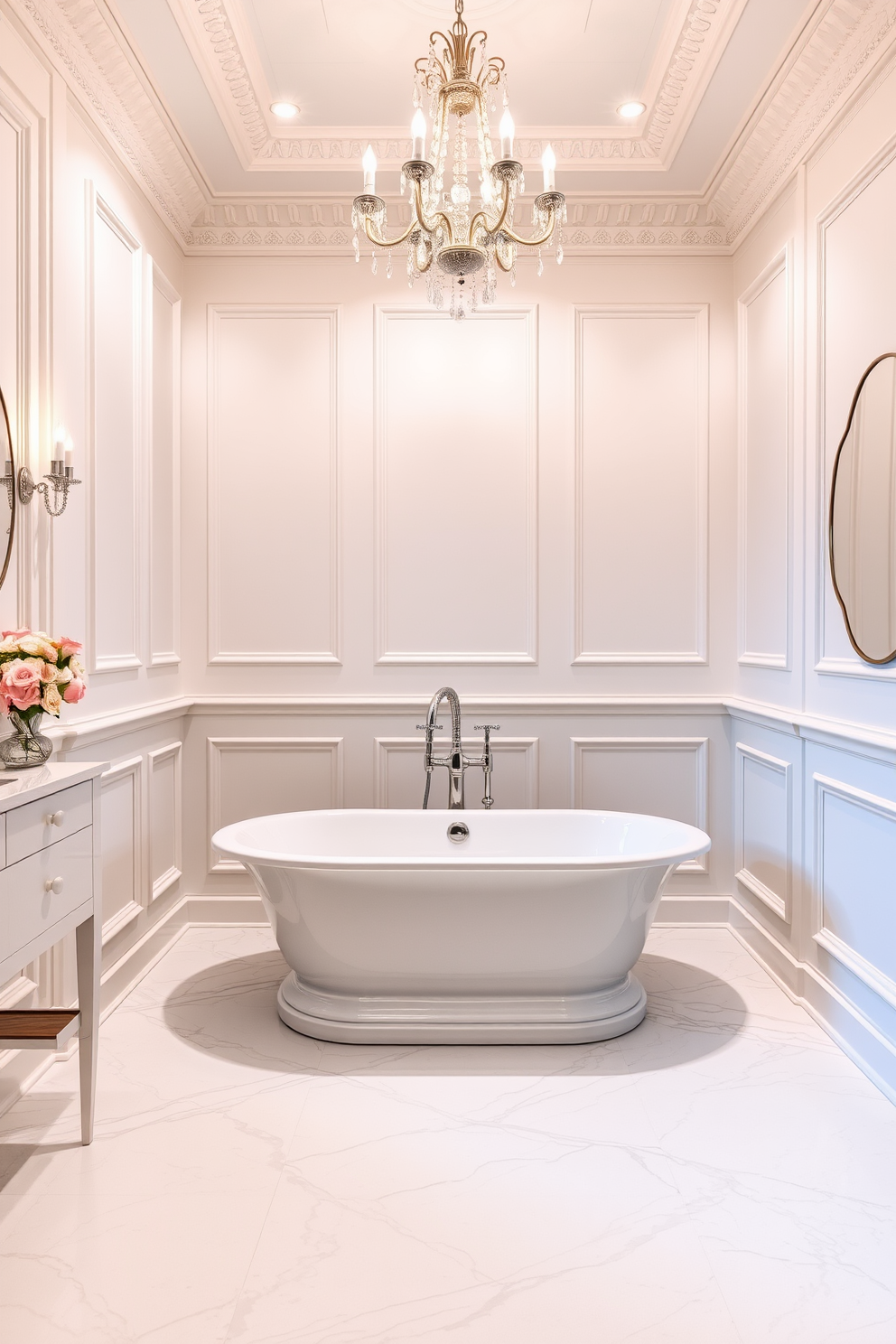 A luxurious freestanding bathtub sits elegantly in the center of a stylish white powder room. The walls are adorned with intricate wainscoting, and a chic chandelier hangs above, casting a warm glow. The floor features large white marble tiles with subtle gray veining, enhancing the room's sophistication. A sleek vanity with a polished chrome faucet complements the bathtub, while fresh flowers in a delicate vase add a touch of color.