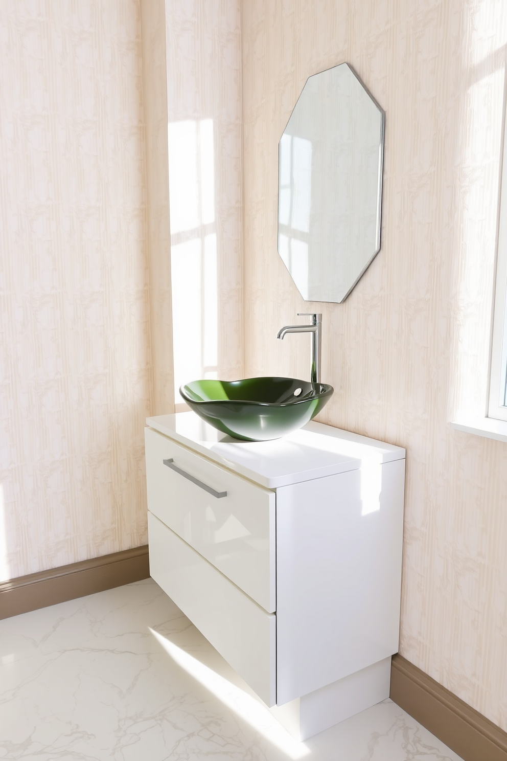 A unique vessel sink with artistic flair sits atop a sleek white vanity. The walls are adorned with textured wallpaper in soft pastel shades, creating a serene atmosphere. The floor features elegant white marble tiles that reflect natural light. A stylish wall-mounted faucet complements the sink, adding a modern touch to the design.