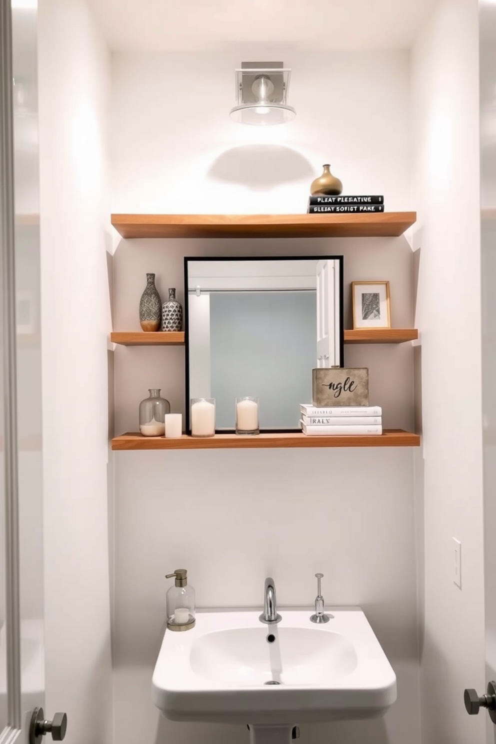 A chic powder room featuring floating shelves adorned with curated decor items. The shelves are made of natural wood and display a mix of decorative vases, candles, and art books. The walls are painted in a crisp white, creating a bright and airy atmosphere. A stylish mirror hangs above a sleek sink, complemented by modern fixtures and elegant lighting.