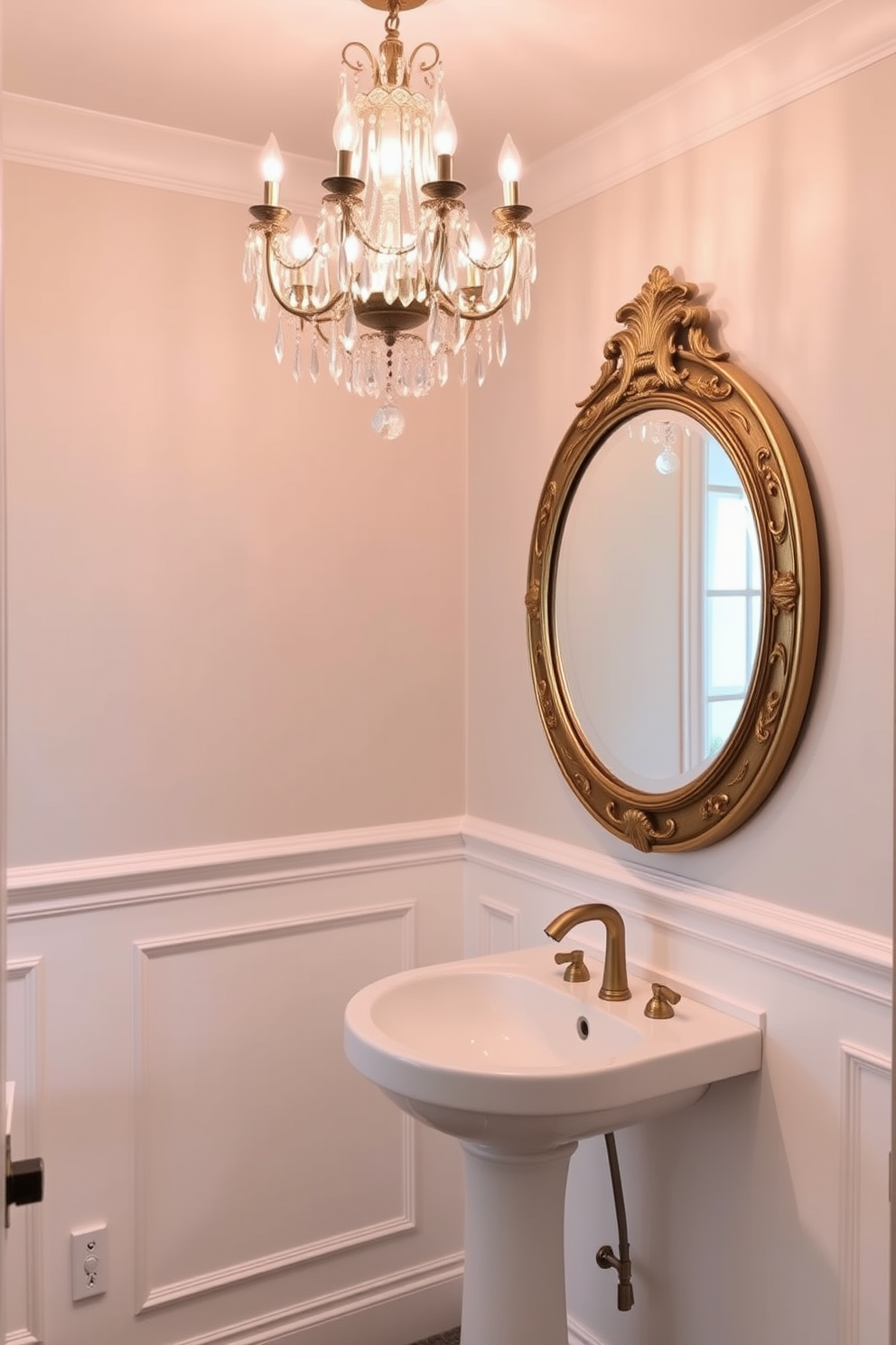 An elegant crystal chandelier hangs from the ceiling, casting a warm glow over the space. The walls are adorned with soft white wainscoting, creating a classic backdrop for the decor. The powder room features a sleek white pedestal sink paired with a stylish gold faucet. A large round mirror with an ornate gold frame reflects the beauty of the chandelier, enhancing the room's luxurious feel.