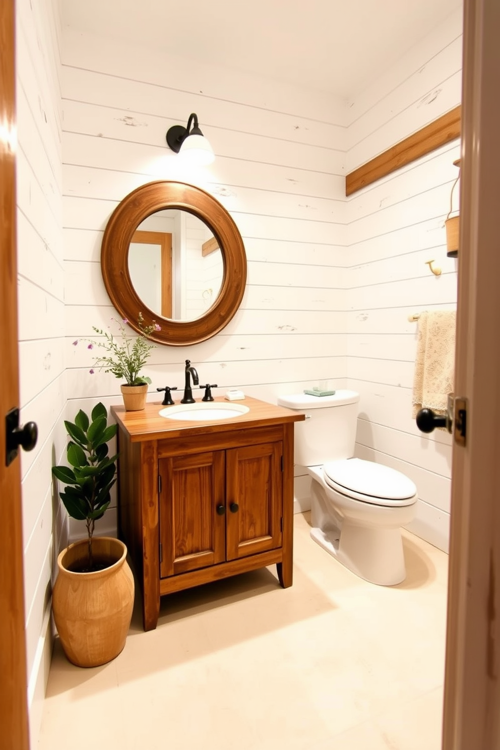 A charming powder room featuring rustic wood accents that add warmth and texture throughout the space. The walls are adorned with white shiplap, creating a crisp backdrop for a vintage-inspired wooden vanity with a distressed finish. A round mirror with a rustic wooden frame hangs above the vanity, reflecting soft, ambient lighting from a stylish wall sconce. The floor is covered in a light-colored tile, complementing the overall design while a small potted plant adds a touch of greenery to the room.