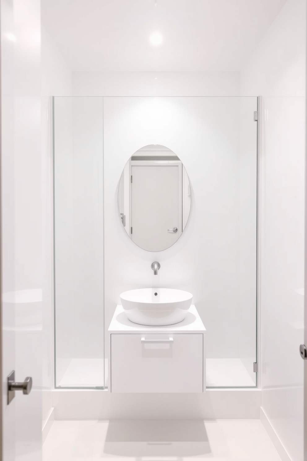 A sleek glass shower enclosure enhances the modern appeal of the white powder room. The minimalist design features clean lines and a seamless transition between the shower and the surrounding space. Bright white walls reflect natural light, creating an airy atmosphere. A stylish floating vanity with a simple basin adds functionality without compromising the room's sleek aesthetic.