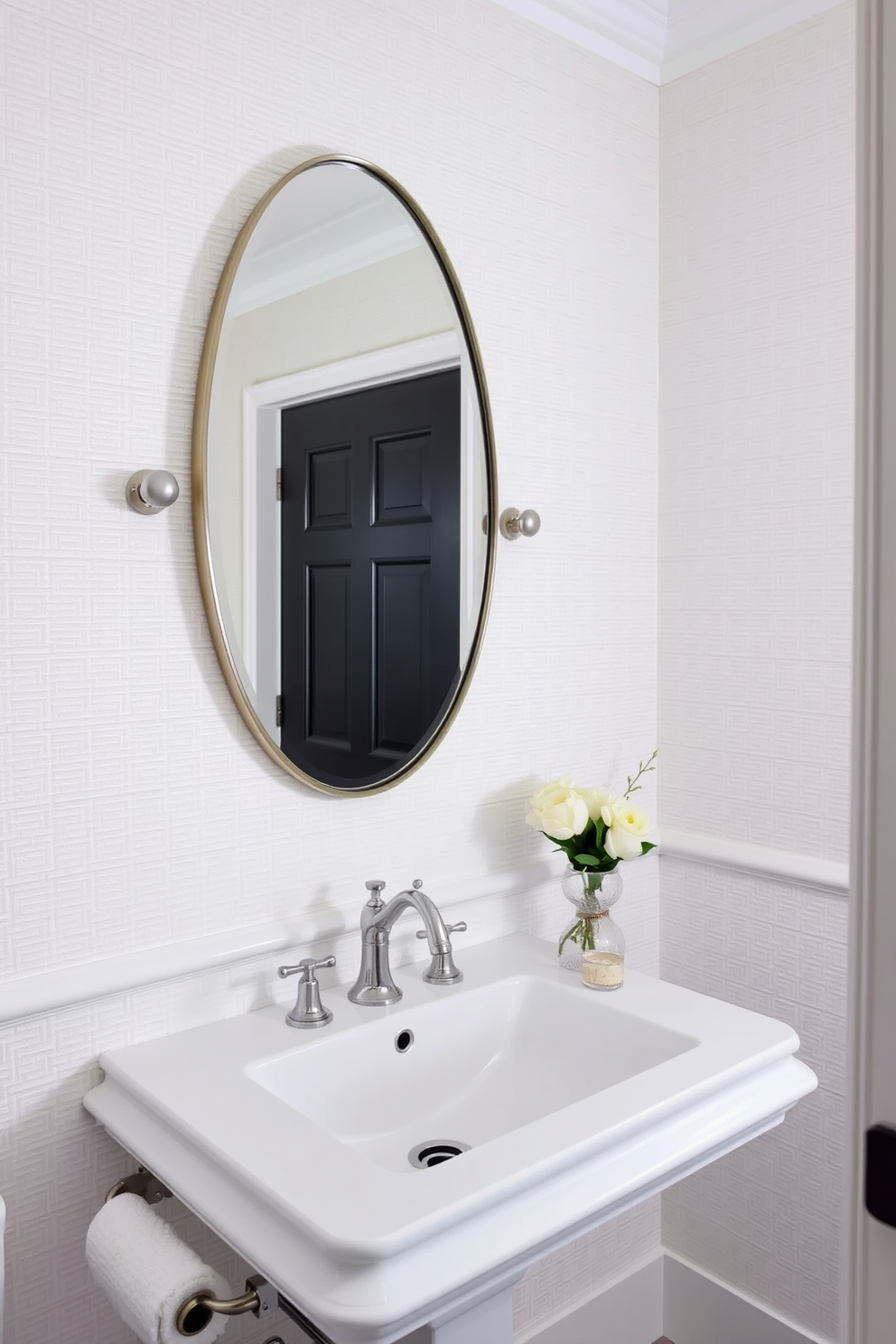 Textured wallpaper adds depth and interest to a white powder room. The walls are adorned with a subtle geometric pattern, creating a sophisticated backdrop for the elegant fixtures.