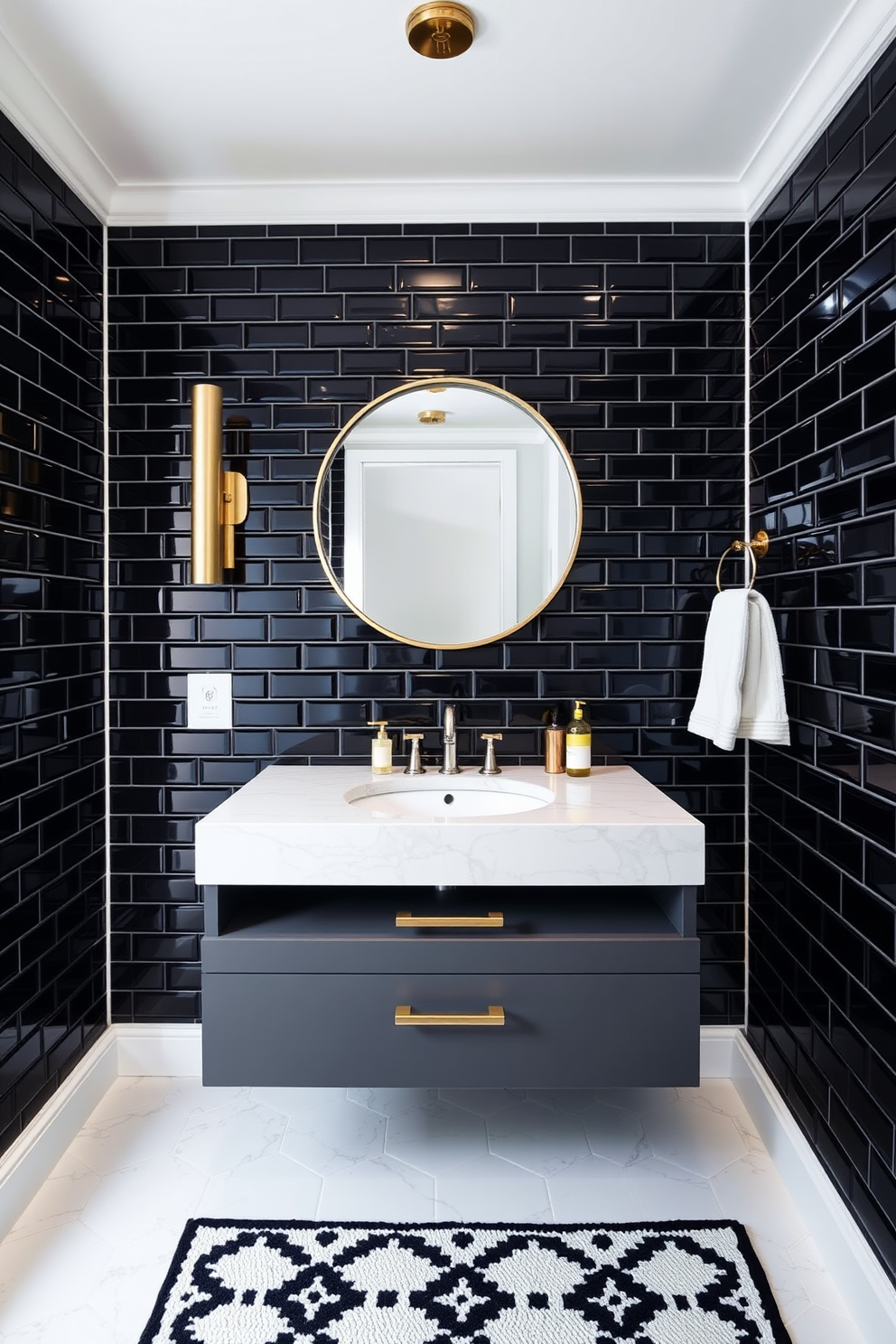 Classic subway tiles with black grout create a striking backdrop in a sleek powder room. The space features a floating vanity with a polished marble top and a stylish round mirror above it. Soft ambient lighting highlights the elegant fixtures and adds warmth to the overall design. A chic black and white rug complements the aesthetic while providing a touch of comfort underfoot.