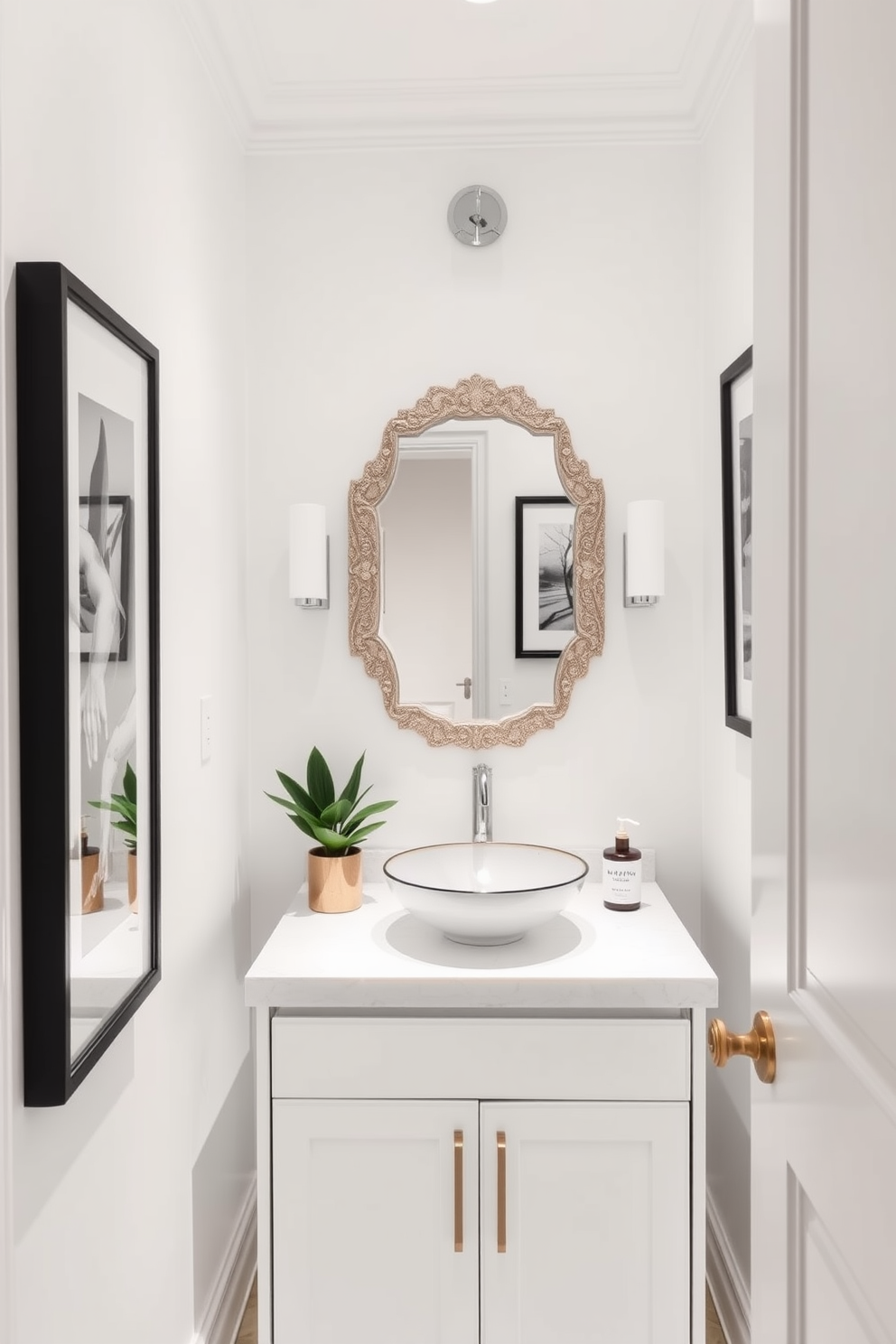 A chic powder room featuring white walls that create a bright and airy atmosphere. Elegant framed artwork adorns the walls, adding a personal touch and enhancing the overall decor. The vanity is sleek and modern, with a polished white countertop and a stylish vessel sink. A decorative mirror above the sink reflects the light, while a small potted plant adds a hint of greenery to the design.