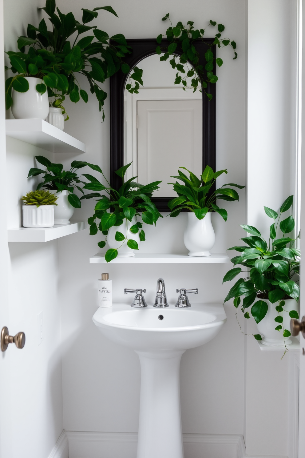 A serene white powder room adorned with lush greenery in elegant ceramic planters. The planters are strategically placed on floating shelves, creating a refreshing and vibrant atmosphere. The walls are painted in a crisp white, enhancing the room's brightness and openness. A sleek pedestal sink complements the space, with a stylish mirror above reflecting the natural beauty of the plants.