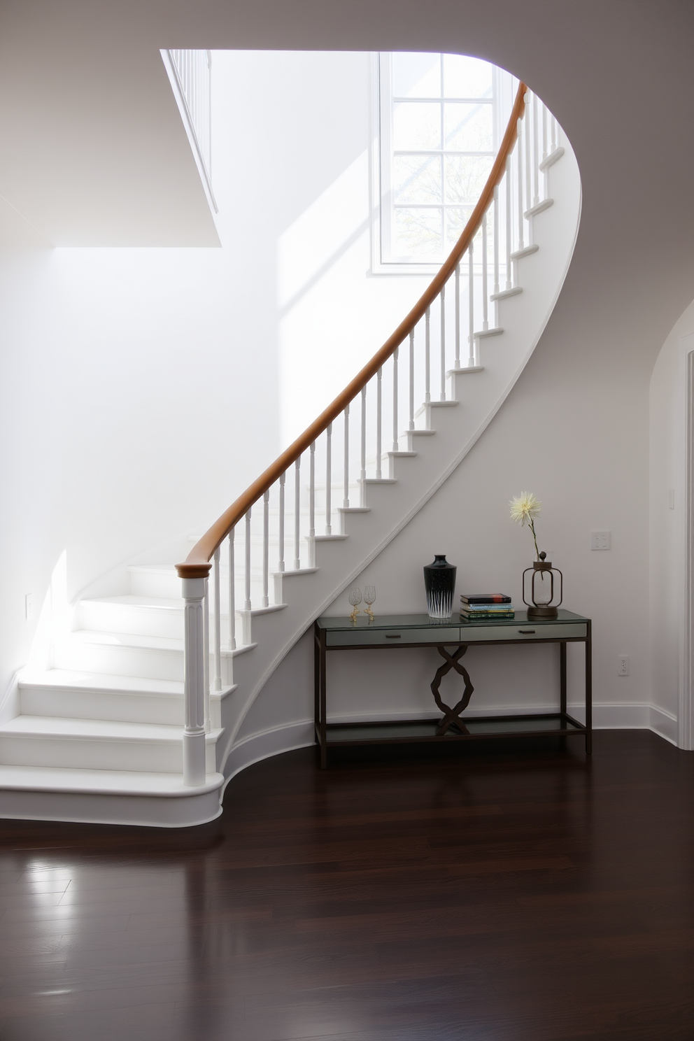 An elegant curved white staircase gracefully ascends, featuring a smooth wooden handrail that complements the pristine white steps. The staircase is illuminated by natural light pouring in through a large window, highlighting the subtle textures of the white walls surrounding it. At the base of the staircase, a chic console table adorned with decorative accents adds a touch of sophistication. The floor beneath the staircase is finished with dark hardwood, providing a striking contrast to the bright staircase above.