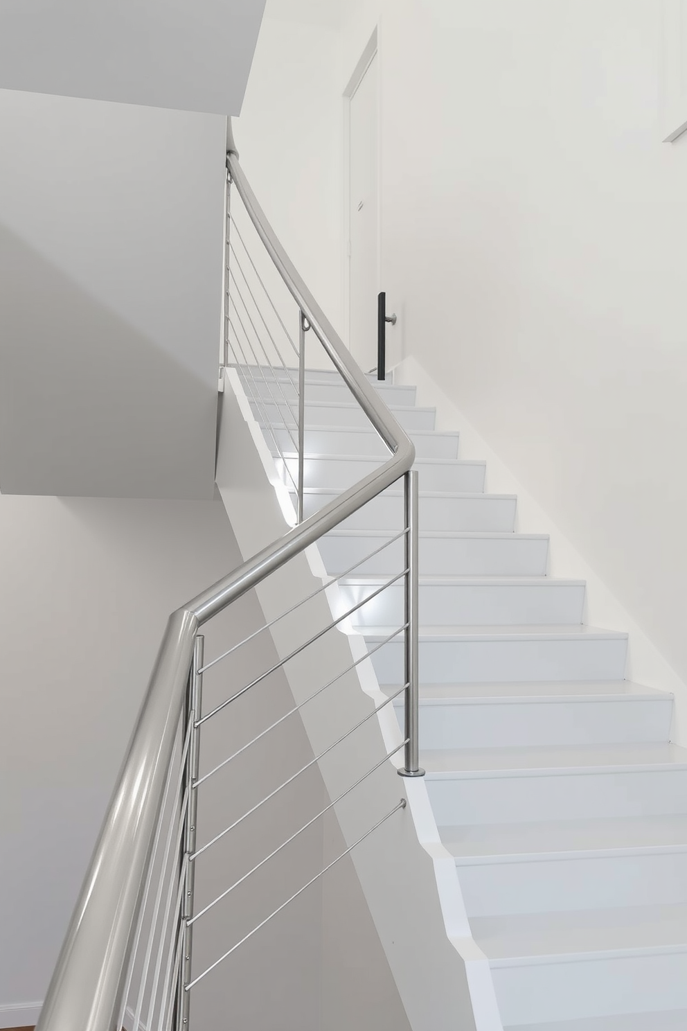 A sleek white staircase with a minimalist design features a smooth, polished finish that reflects light beautifully. The metal railing is elegantly crafted, providing both safety and a modern aesthetic that complements the overall space.