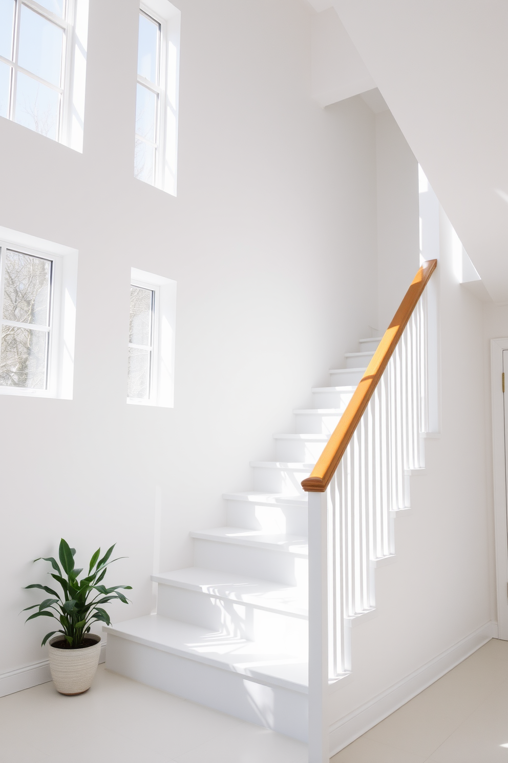 Bright white staircase bathed in natural light. The staircase features sleek white risers and a polished wooden handrail that complements the bright ambiance. Large windows flank the staircase, allowing sunlight to flood the space and highlight the clean lines. A minimalist design aesthetic is achieved with subtle decorative elements, such as a simple potted plant at the base.