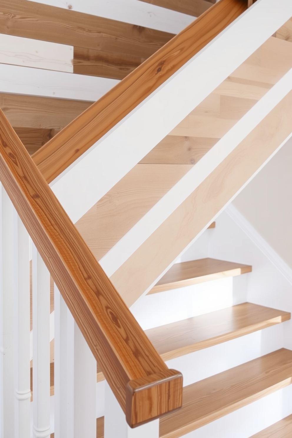 A rustic white staircase showcases reclaimed wood elements, featuring a sturdy handrail that complements the natural textures. The steps are painted in a crisp white, creating a bright contrast against the warm tones of the wood, with soft lighting illuminating the space.