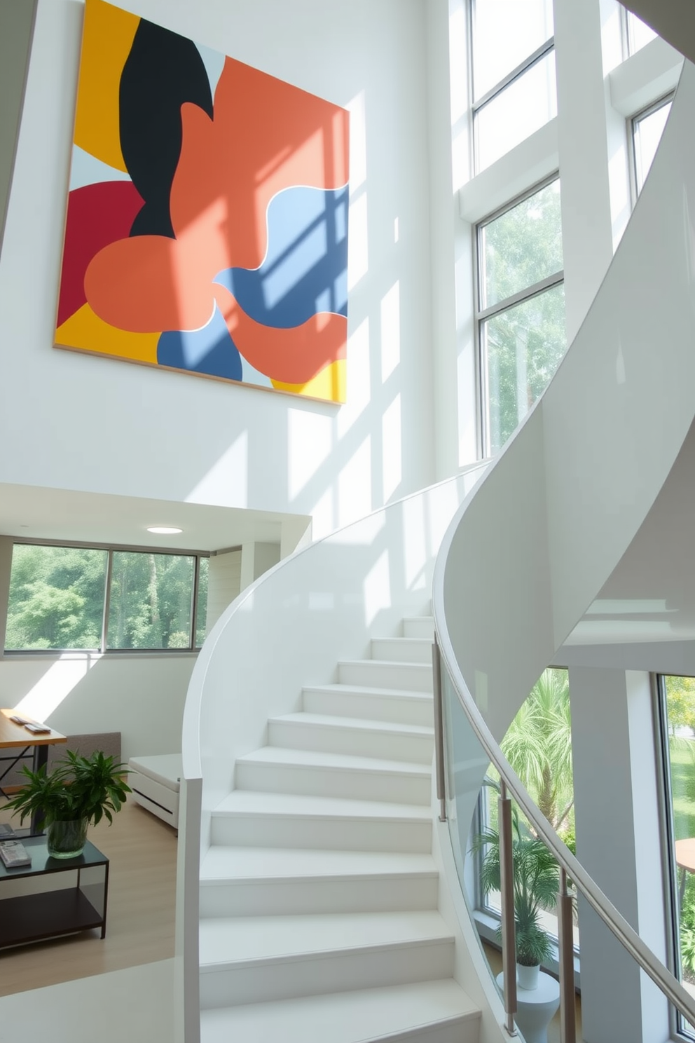 A stunning white staircase with sleek lines and a polished finish. The walls are adorned with bold, oversized wall art that adds a vibrant touch to the space. Natural light floods the area through large windows, highlighting the elegant curves of the staircase. The minimalist design is complemented by a simple yet striking railing that enhances the overall aesthetic.