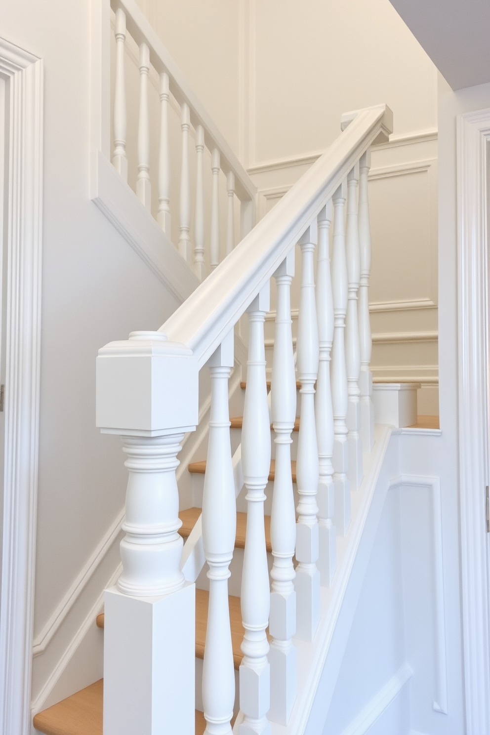 A simple white staircase with decorative molding gracefully ascends to the upper floor. The handrail features intricate detailing, complementing the elegant design of the surrounding space.