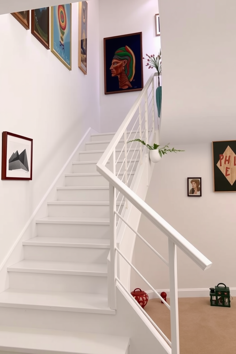 Chic white staircase adorned with vibrant decor elements. The walls are lined with colorful artwork and the steps feature a sleek modern railing that complements the overall aesthetic.