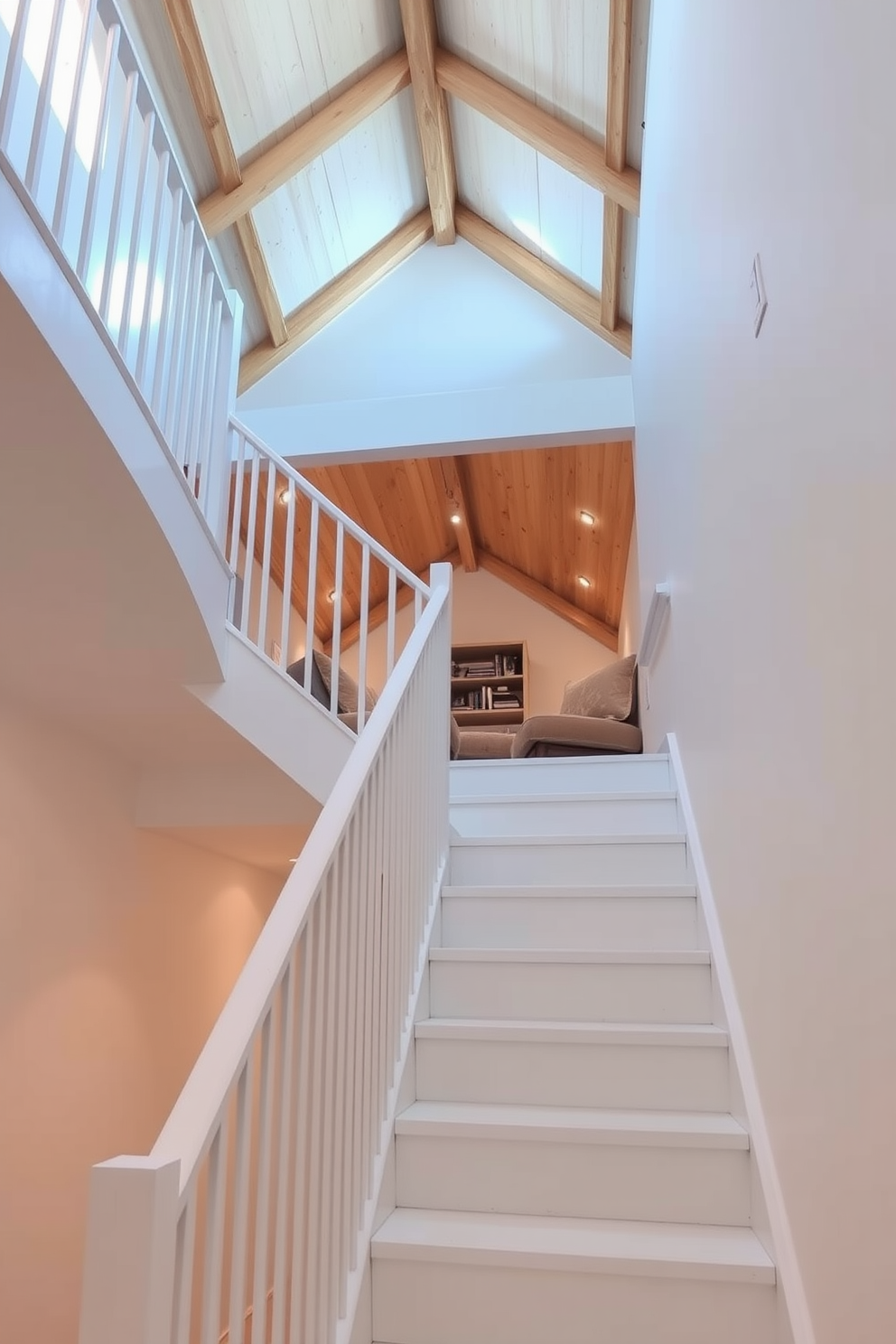 A bright white staircase gracefully ascends to a cozy loft space. The staircase features sleek, minimalist railings that enhance the airy feel of the room. At the top, the loft is adorned with warm wooden beams and soft lighting, creating an inviting atmosphere. Plush seating and a small bookshelf complete the snug retreat, making it the perfect spot for relaxation.