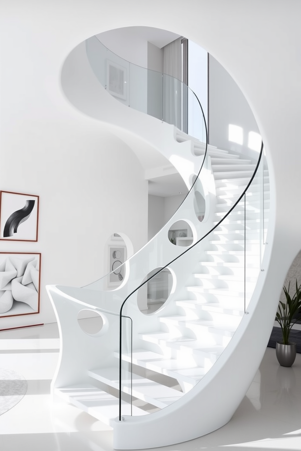 Artistic white staircase with unique shapes. The staircase features flowing curves and geometric cutouts, creating a sculptural focal point in the room. The railings are made of sleek glass, allowing light to pass through and enhancing the airy feel. Surrounding the staircase, the walls are adorned with minimalist artwork that complements the modern aesthetic.