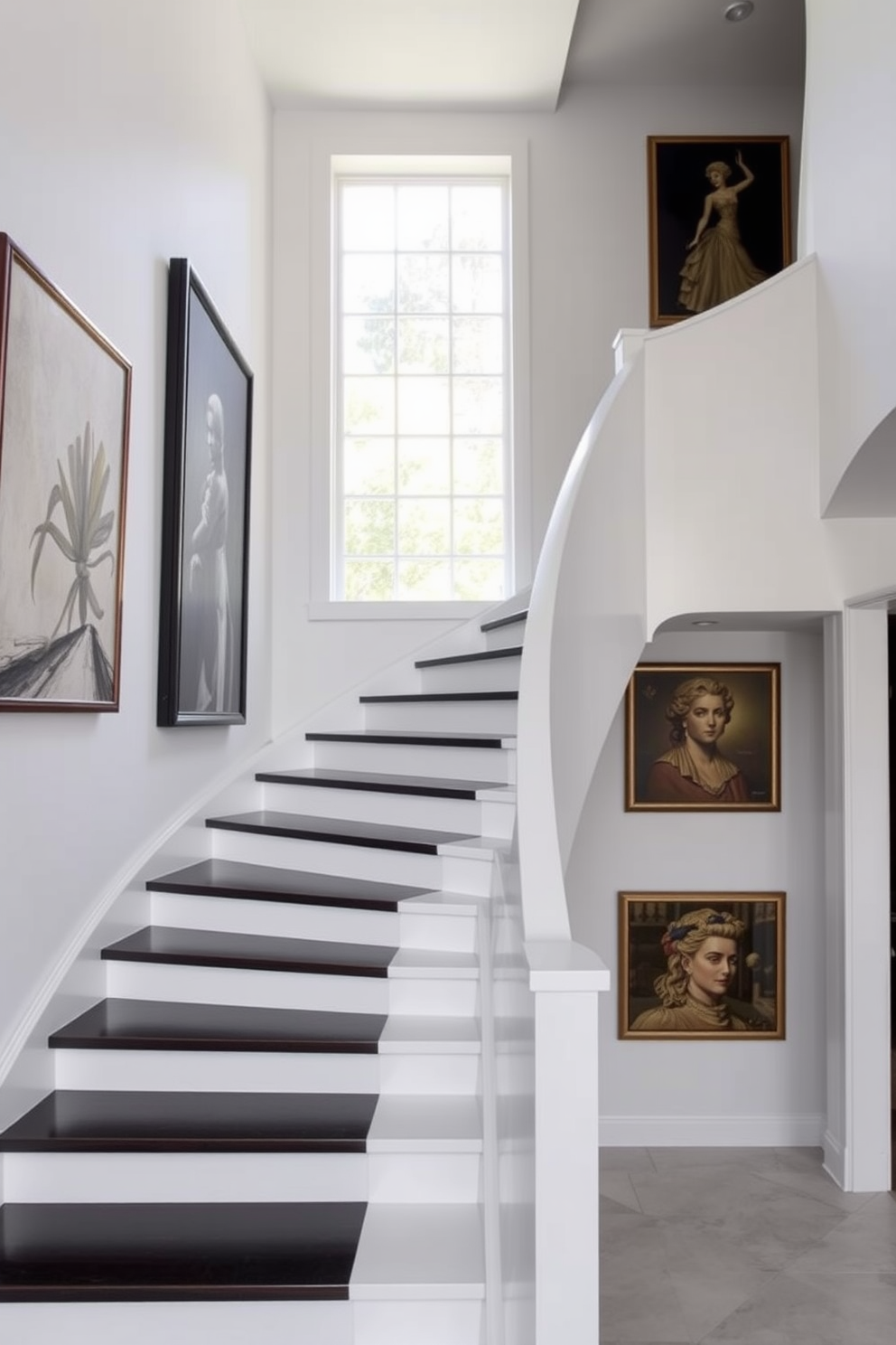 A stunning white staircase gracefully ascends with contrasting dark treads that add depth and sophistication. The surrounding walls are adorned with elegant artwork, enhancing the overall aesthetic of the space. Natural light floods in through a large window, illuminating the sleek lines of the staircase. A modern handrail in a minimalist design complements the clean look, creating a harmonious balance in the interior.