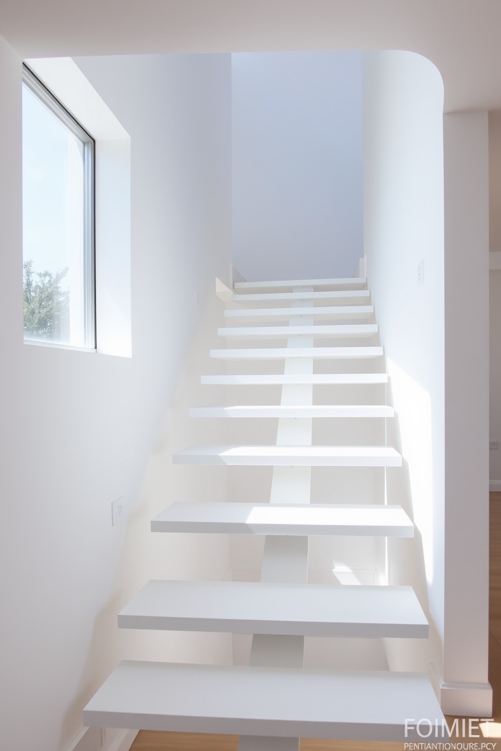 A minimalist staircase design featuring floating white steps that create an airy and open feel. The steps are elegantly suspended with hidden supports, allowing for a seamless transition from one level to another. The surrounding walls are painted in a soft, neutral tone to enhance the brightness of the space. Natural light floods in from a large window, illuminating the sleek lines of the staircase and highlighting its contemporary aesthetic.