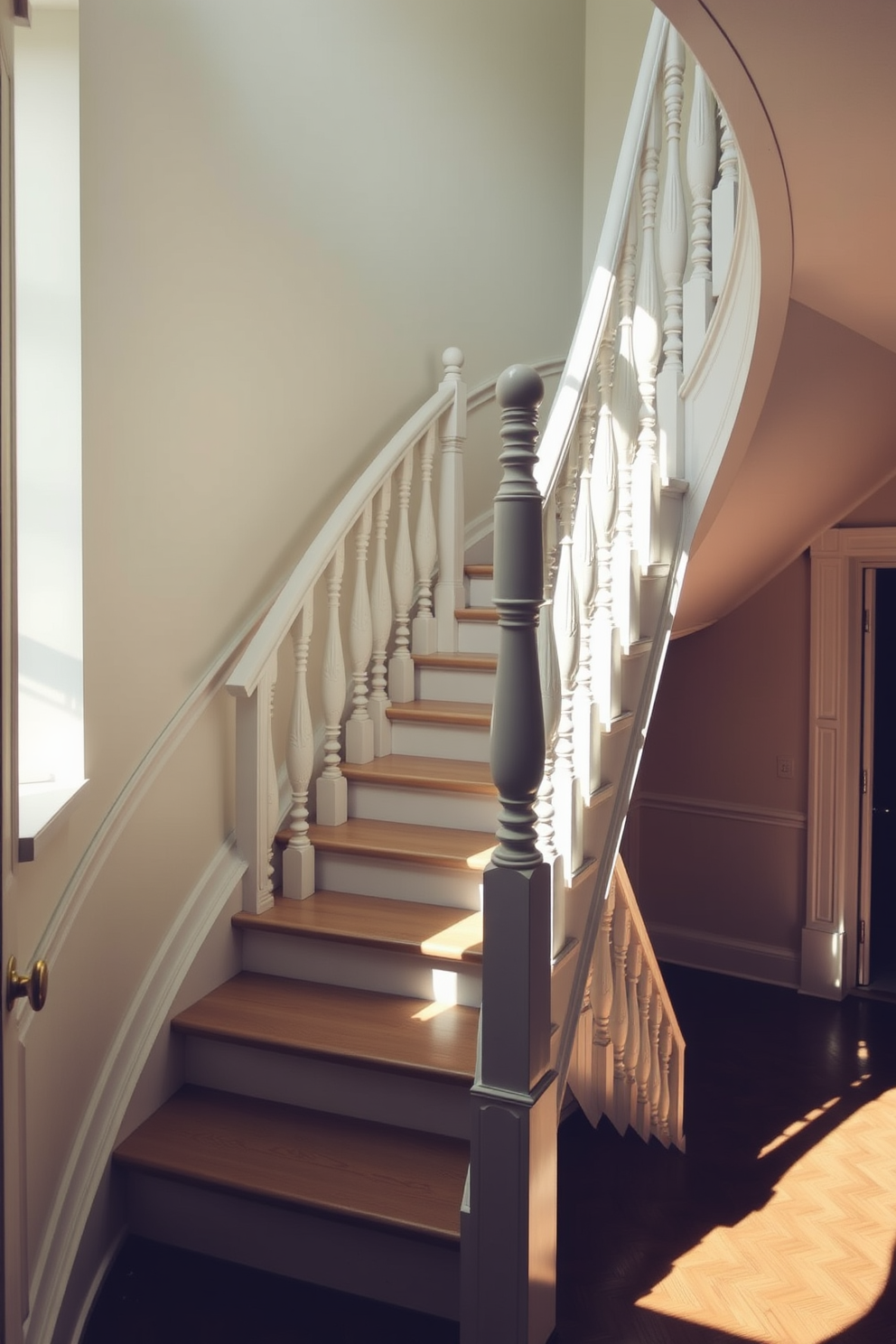 A vintage white staircase with intricate details features ornate balusters and a gracefully curved handrail. The steps are adorned with a subtle decorative pattern, enhancing the elegance of the design. Natural light floods the space, highlighting the staircase's craftsmanship and creating a warm ambiance. Surrounding the staircase, the walls are painted in a soft pastel hue, complementing the vintage aesthetic.