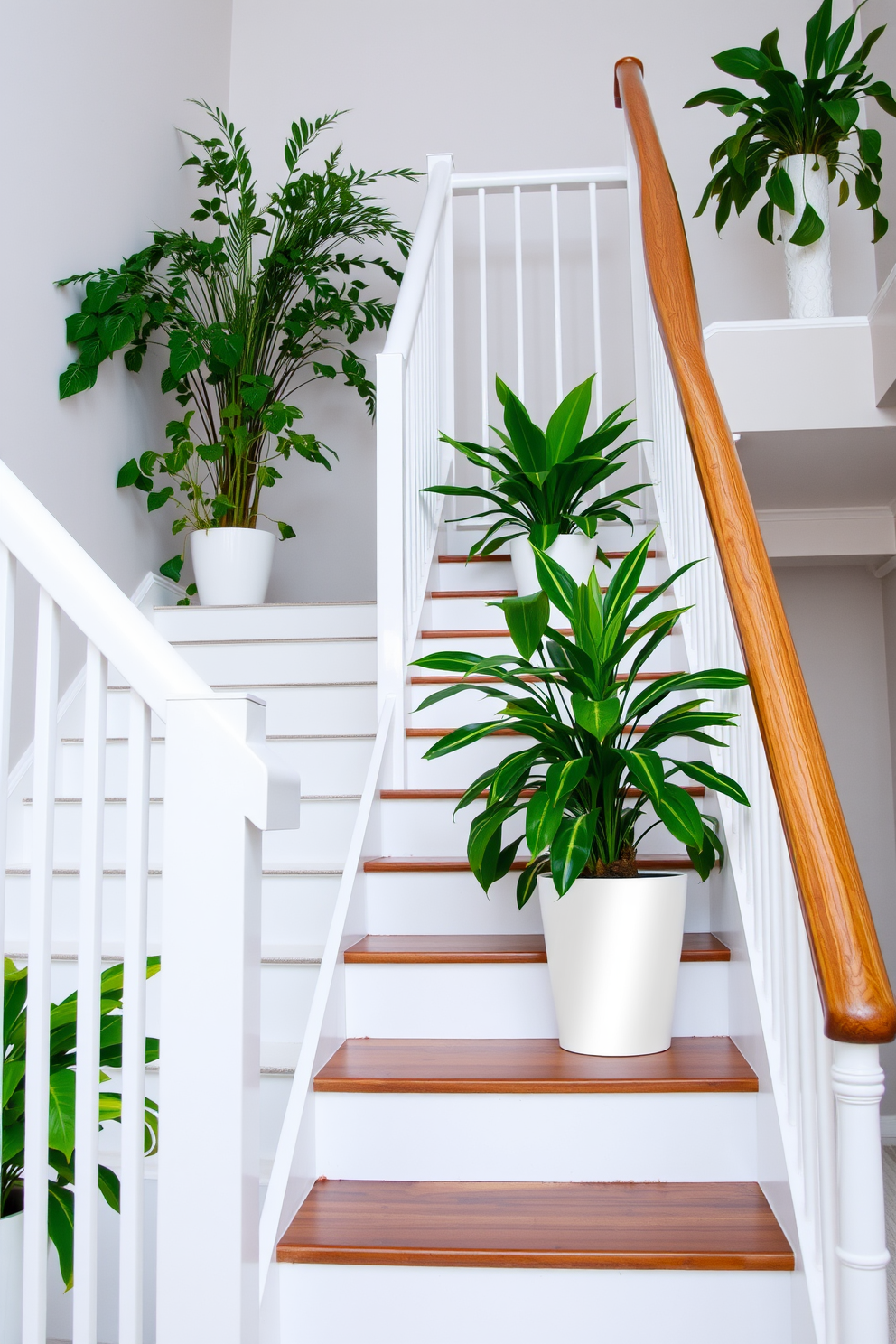 Bright white staircase with potted plants. The staircase features sleek white railings and a polished wooden handrail, creating a modern and airy feel. Lush green potted plants are strategically placed along the steps, adding a touch of nature and vibrancy. The surrounding walls are painted in a soft gray, enhancing the brightness of the staircase.