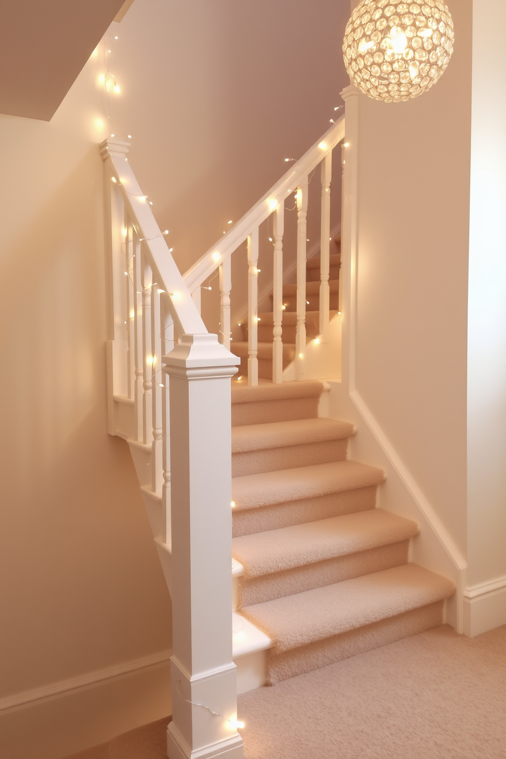 A whimsical white staircase adorned with delicate fairy lights creates an enchanting atmosphere. The staircase features a sleek white railing and a soft carpet runner that adds warmth to the design.