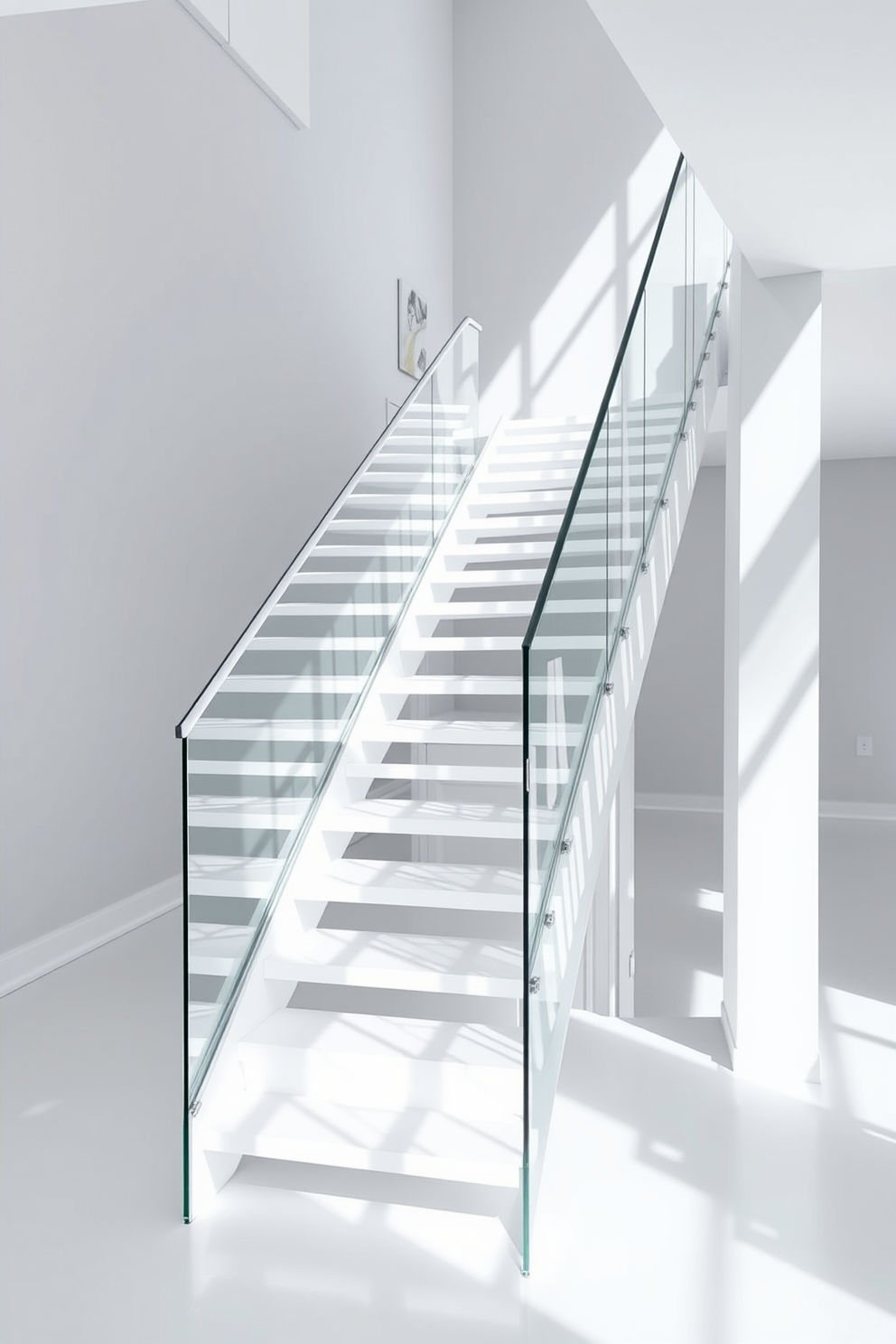 A modern white staircase features sleek lines and geometric patterns that create a striking visual effect. The steps are made of polished white wood, complemented by a minimalist glass railing that enhances the open feel of the space. Natural light floods the area, highlighting the intricate details of the staircase design. The surrounding walls are painted in a soft gray, providing a subtle contrast that emphasizes the staircase's elegance.