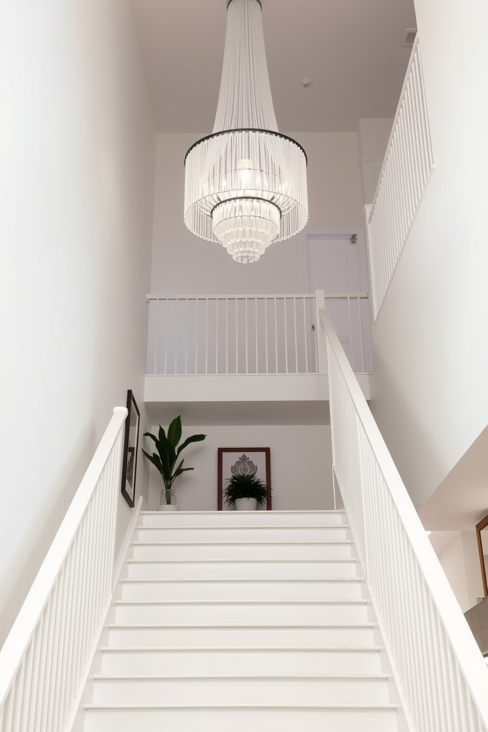 A bright and airy white staircase ascends gracefully, featuring a sleek railing that complements the modern aesthetic. At the top, a stunning statement chandelier hangs, casting a warm glow and serving as a focal point in the space. The staircase is adorned with subtle decorative elements, such as potted plants on the landing and carefully placed artwork along the walls. The overall design exudes elegance and sophistication, inviting guests to explore further.