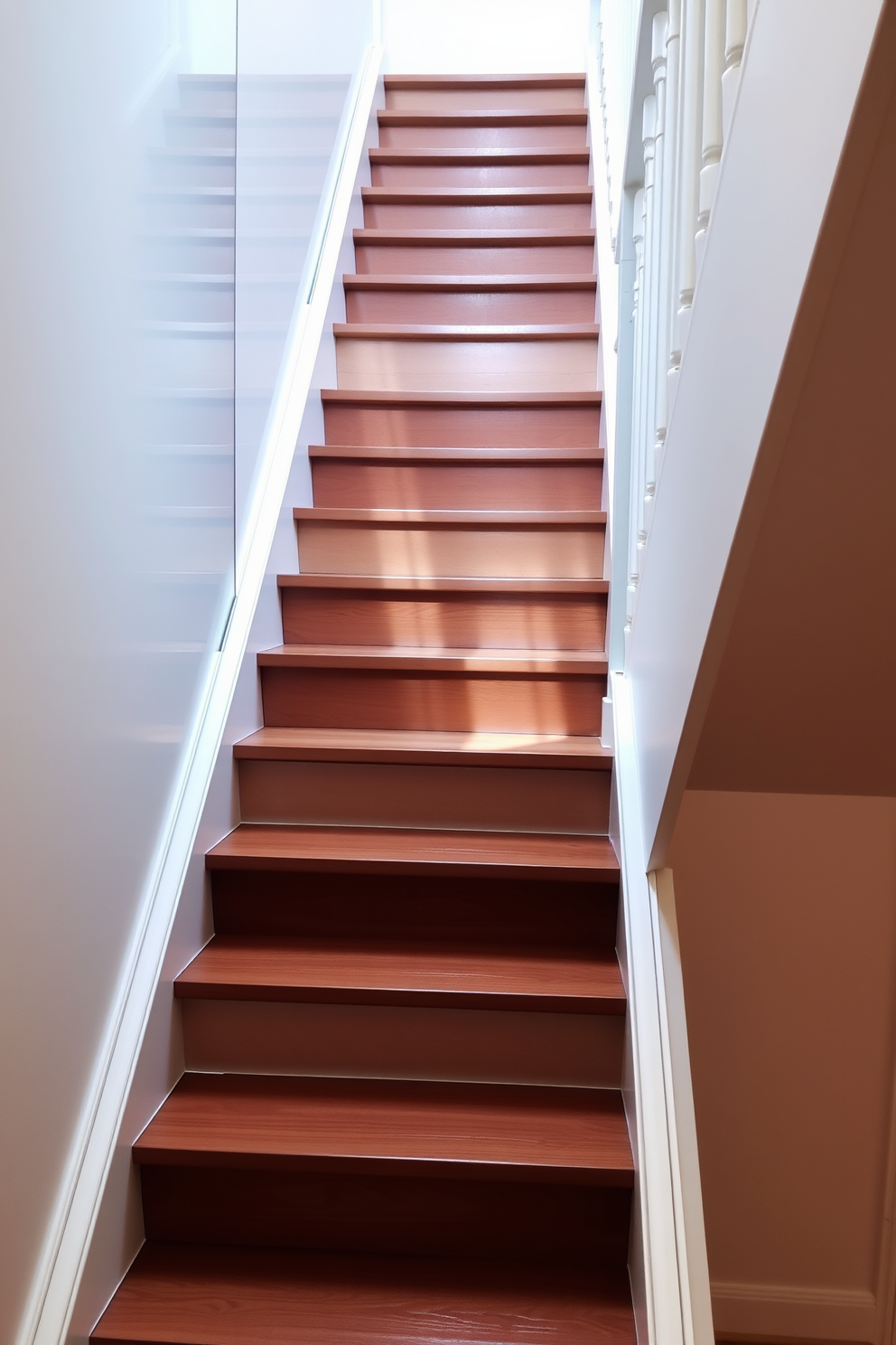 A stylish white staircase ascends gracefully, featuring sleek wooden steps that contrast beautifully with a glossy white railing. The mirrored wall alongside the staircase reflects light, creating an illusion of spaciousness and elegance.