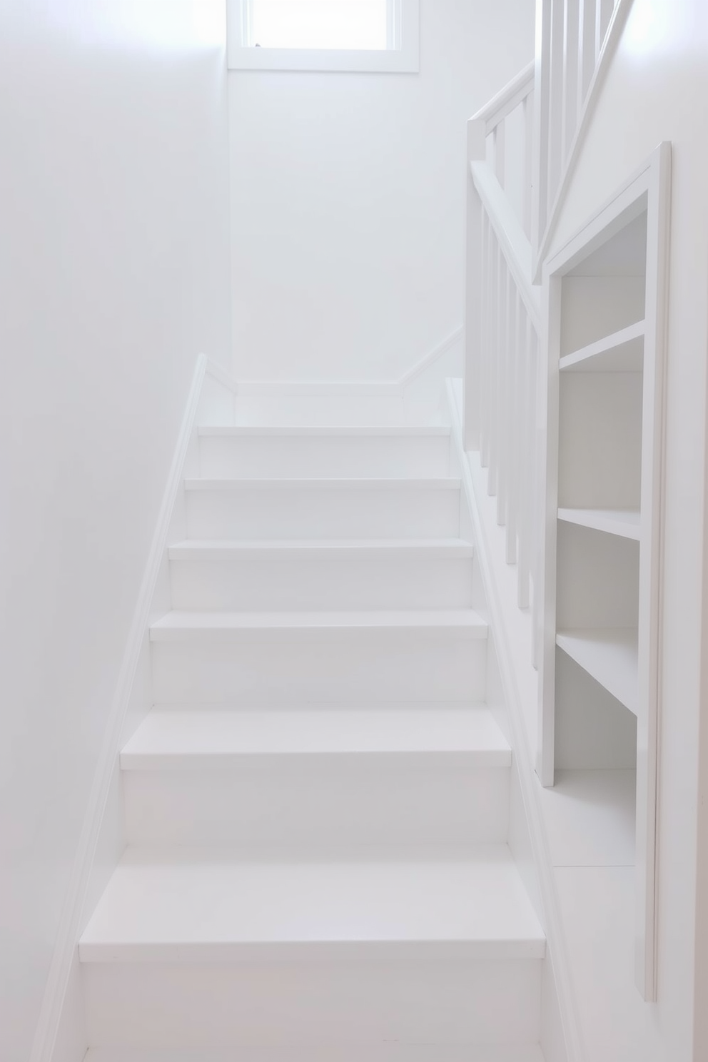 A functional white staircase features sleek, minimalist design with built-in side shelves for storage and display. The steps are made of smooth white wood, creating an open and airy feel in the space.