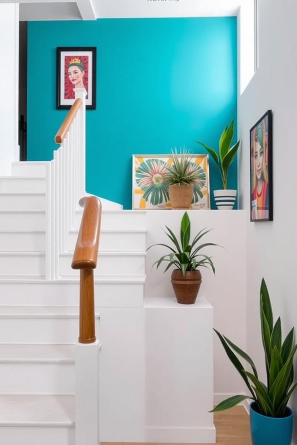 Bright white staircase with a bold color splash. The staircase features sleek white risers and a polished wooden handrail, creating a clean and modern aesthetic. A vibrant accent wall in a rich teal color contrasts beautifully with the white staircase. Colorful artwork and decorative plants are strategically placed along the staircase to enhance the visual appeal.