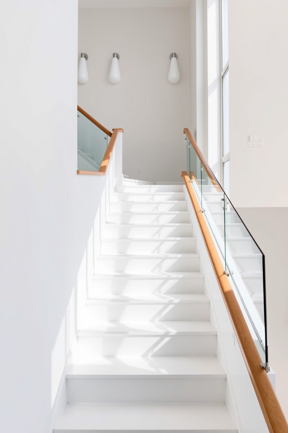 A bright and airy white staircase features elegant wooden handrails that add warmth to the space. Natural light floods in from a nearby window, highlighting the clean lines and minimalist design of the staircase. The staircase is flanked by a sleek glass balustrade that enhances the modern aesthetic. Soft neutral colors on the walls complement the white steps, creating a seamless transition between floors.