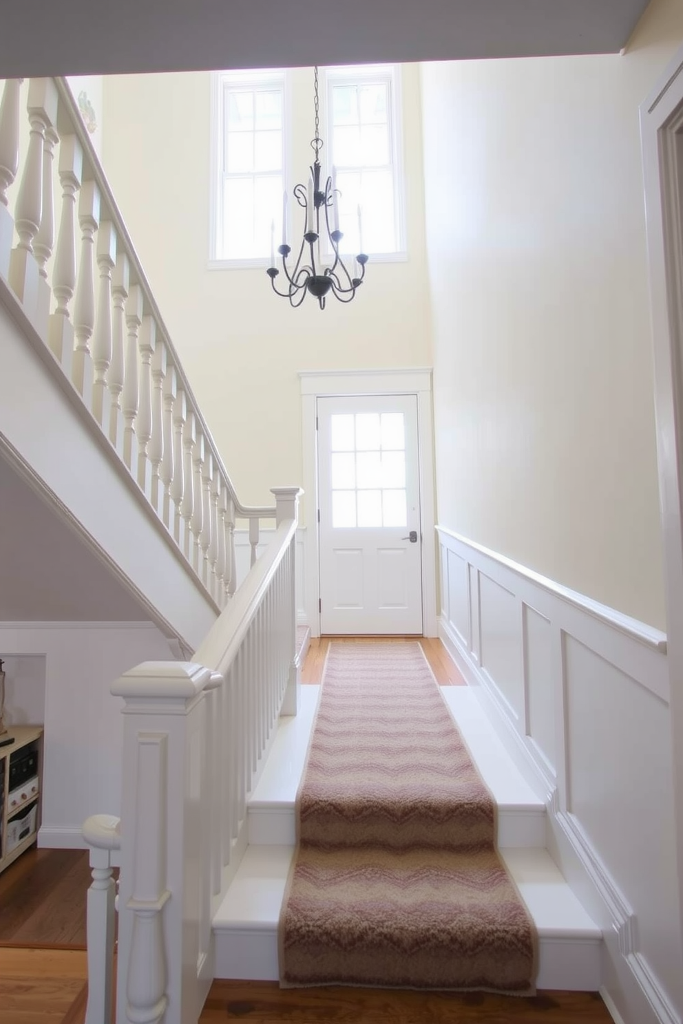 A timeless white staircase with classic design features elegant balusters and a smooth handrail. The steps are wide and inviting, leading to a beautifully lit landing adorned with a vintage chandelier. The walls are painted in a soft cream color, enhancing the brightness of the space. A plush runner rug in muted tones adds warmth and texture to the staircase, creating a welcoming atmosphere.