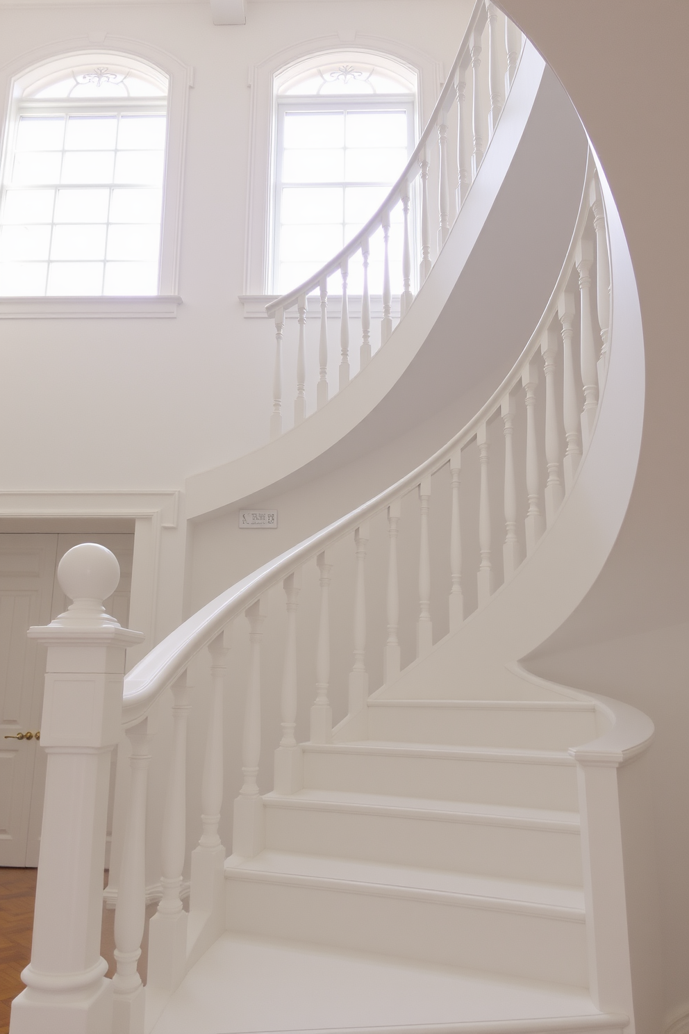 A classic white spiral staircase elegantly winds upwards, featuring finely crafted balusters that enhance its timeless appeal. The staircase is illuminated by natural light streaming through a large window, highlighting the smooth curves and pristine finish of the white steps.