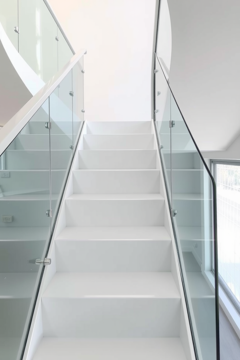 Contemporary white staircase featuring sleek glass panels on either side. The staircase has a minimalist design with clean lines and a polished finish that enhances the brightness of the space.