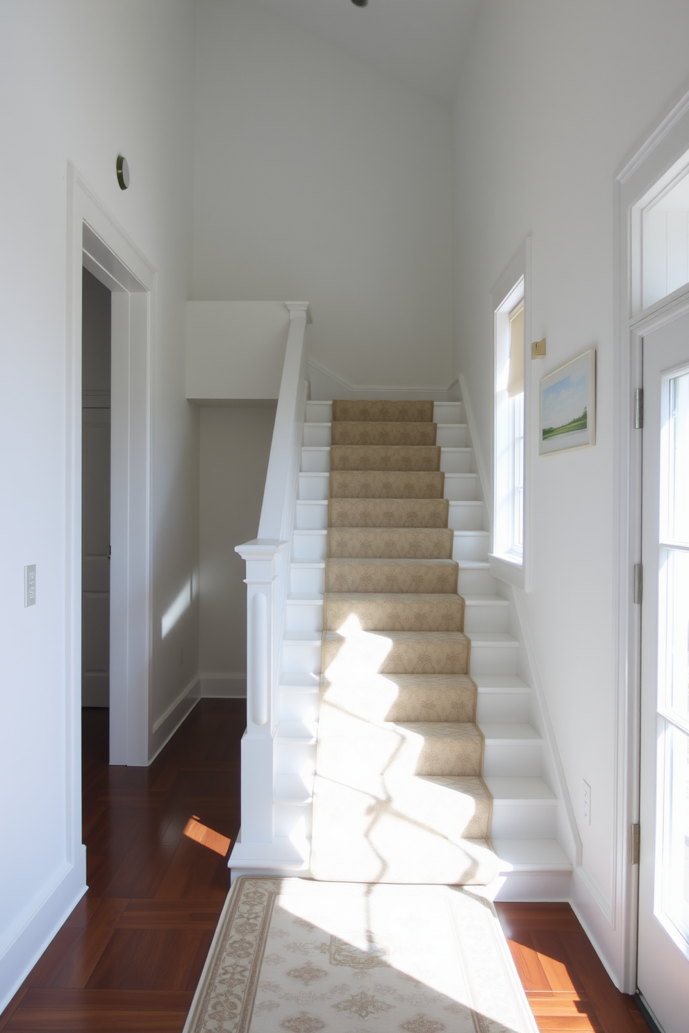 A bright and airy white staircase features a beautifully patterned runner carpet that adds a touch of elegance. The staircase is flanked by sleek white walls and modern light fixtures that enhance the overall aesthetic. The runner carpet showcases intricate designs in soft colors, providing a warm contrast to the white stairs. Natural light streams in from a nearby window, illuminating the space and creating a welcoming atmosphere.