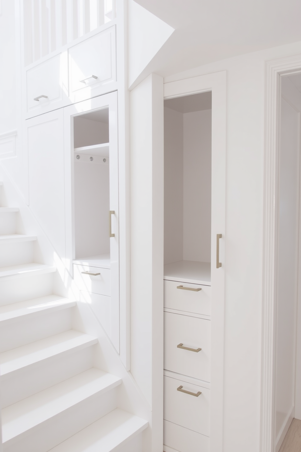 A bright and airy white staircase features sleek built-in storage solutions seamlessly integrated into the design. The storage compartments are adorned with minimalist handles, providing a clean and modern aesthetic while maximizing functionality.