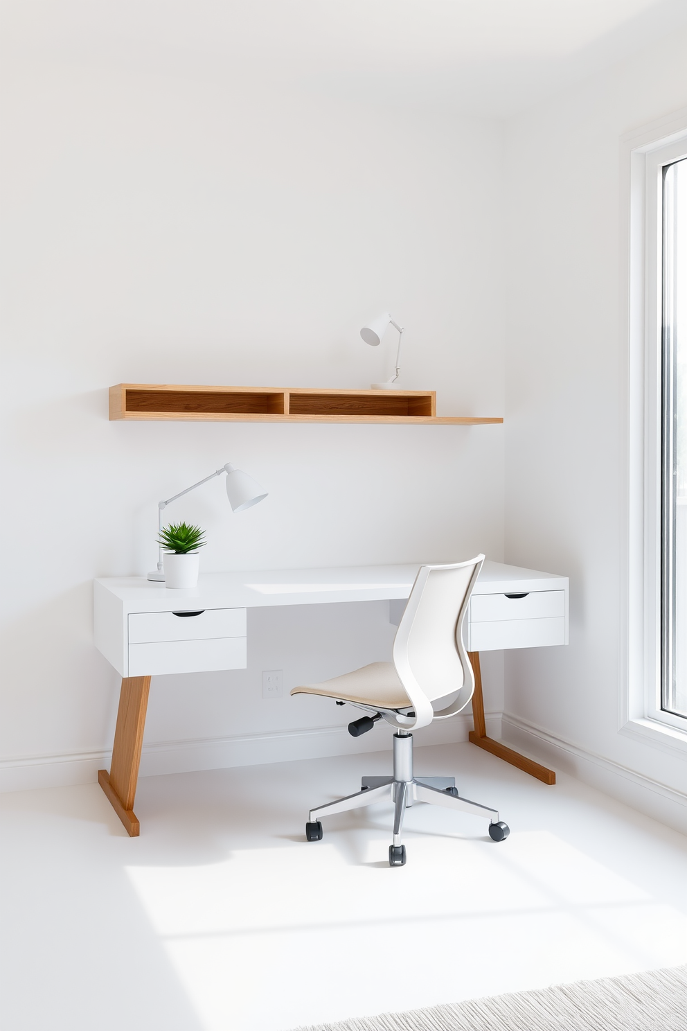 A minimalist white desk with natural wood accents sits against a wall in a bright study room. The desk is paired with a comfortable ergonomic chair, and a small potted plant adds a touch of greenery on the surface. The walls are painted in a soft white, creating an airy atmosphere. A large window allows natural light to flood the space, enhancing the clean lines and simplicity of the design.