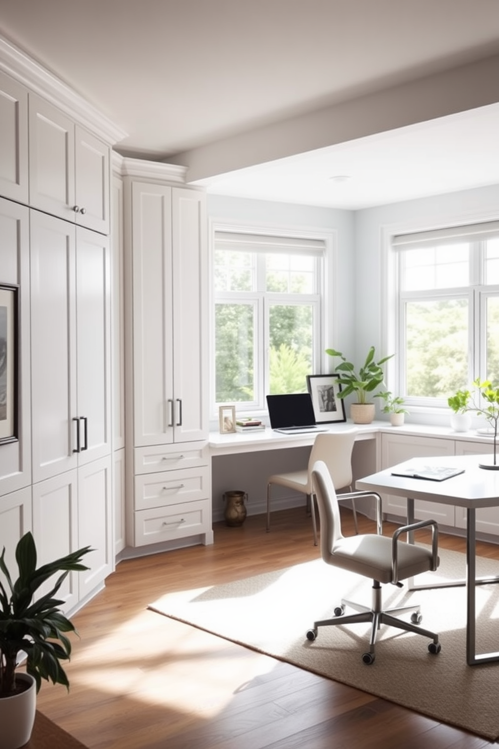 A bright and airy study room featuring white cabinetry that blends seamlessly into the walls for hidden storage solutions. The room is accented with a sleek desk and a comfortable chair, creating a functional yet stylish workspace. Natural light floods the space through large windows, enhancing the clean aesthetic. Decorative elements such as potted plants and framed artwork add a personal touch to the serene environment.