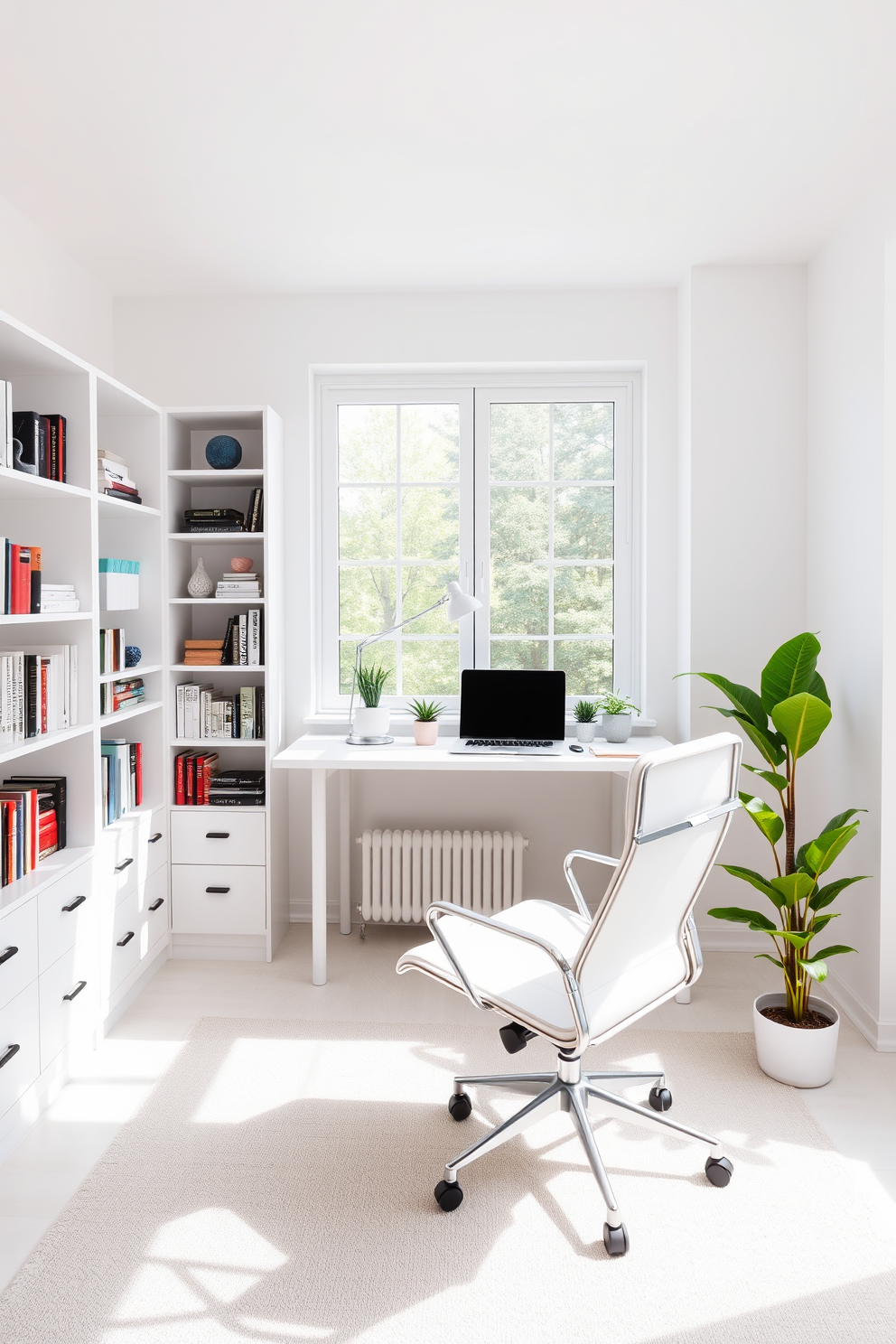 A bright and airy study room with white walls and a large window allowing natural light to flood the space. A sleek white desk is positioned near the window, adorned with a stylish desk lamp and a few potted plants for a fresh touch. The room features a comfortable white ergonomic chair that complements the desk, creating an inviting workspace. Bookshelves line one wall, filled with an assortment of books and decorative items, while a vibrant green plant sits in the corner, adding life to the design.