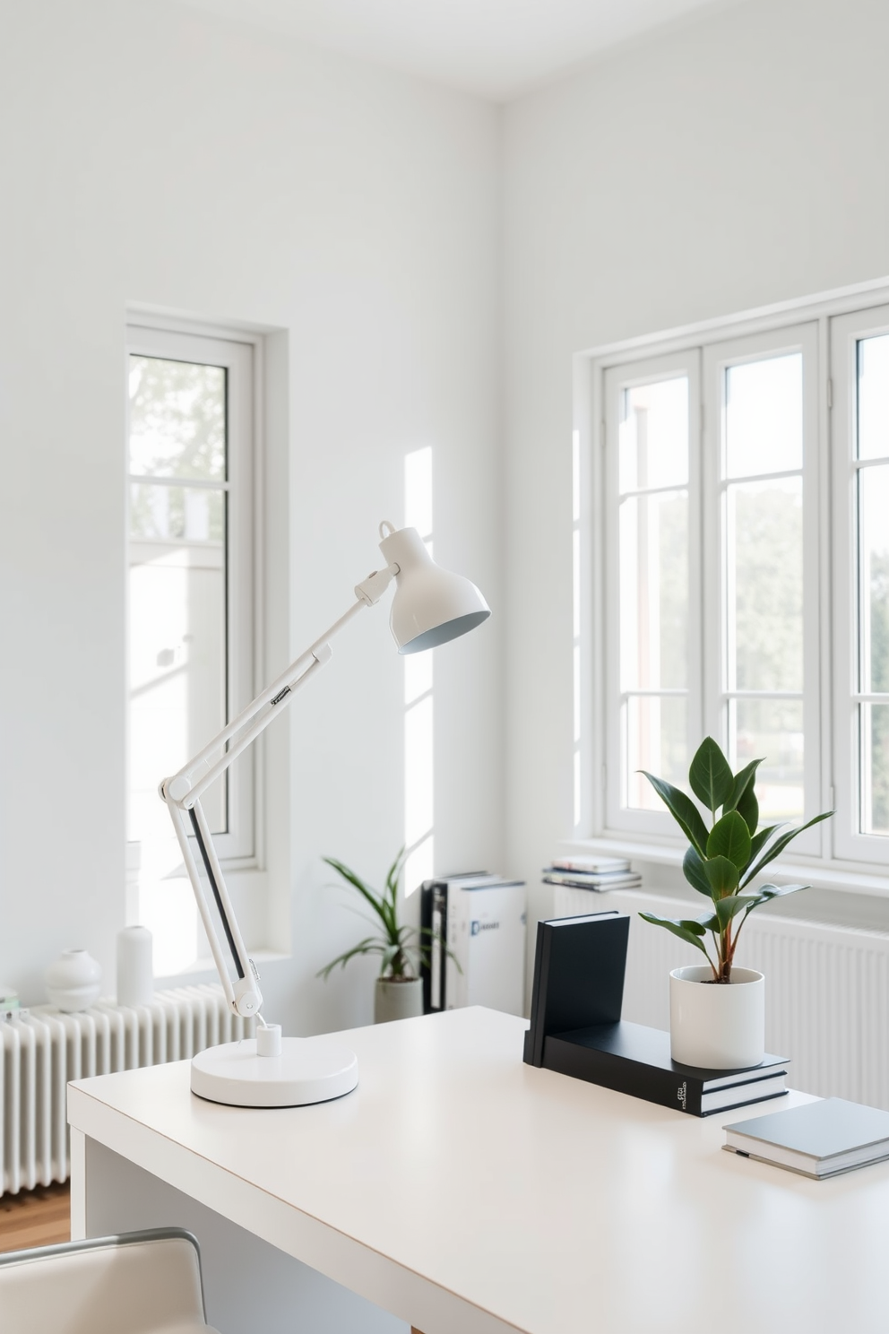 Chic white desk lamp with adjustable arm. The lamp is positioned on a sleek white desk surrounded by minimalist decor. The study room features soft natural light streaming through large windows. The walls are painted in a calming light gray, complementing the clean lines of the furniture.