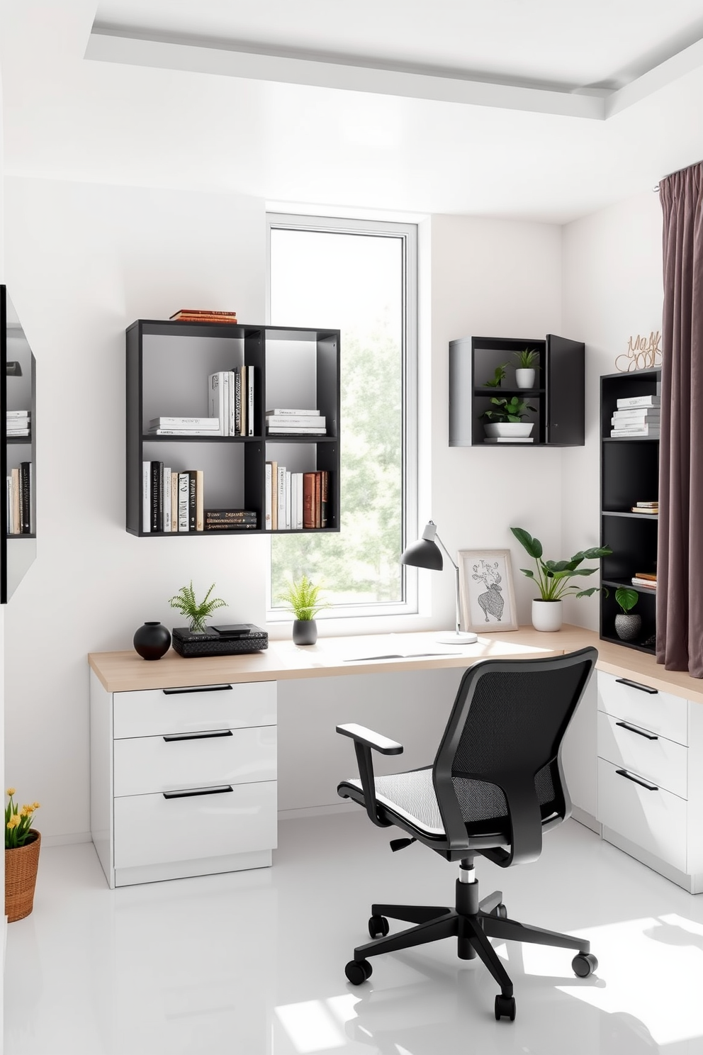 A bright and airy study room features wall-mounted organizers that maximize space and enhance functionality. The walls are painted in a crisp white, creating a clean backdrop for the sleek, modern shelving units that hold books and supplies. A large desk positioned against the window allows natural light to flood the room, complemented by a comfortable ergonomic chair. Minimalist decor and plants add a touch of warmth, making the space inviting and conducive to productivity.