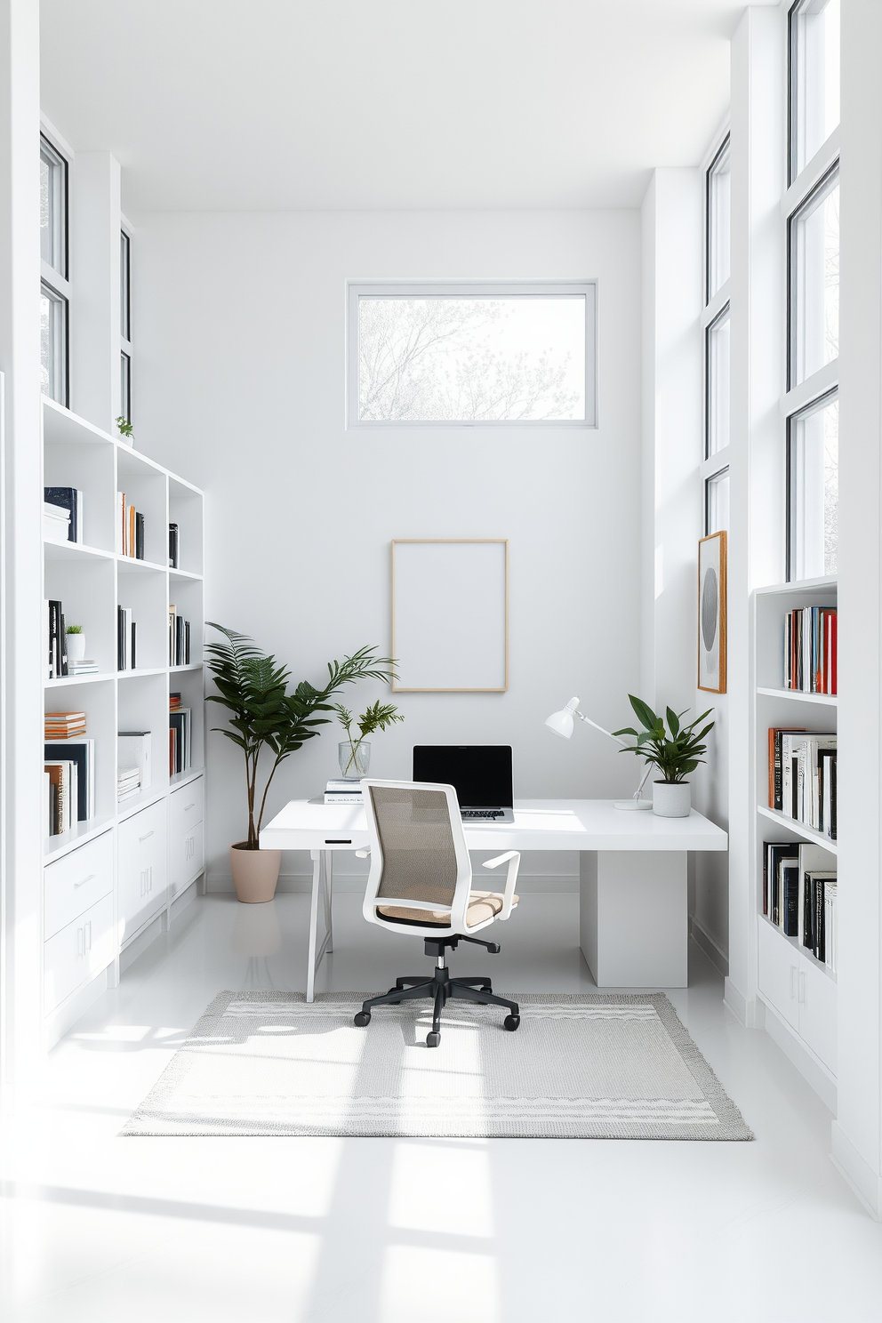 Open layout for a spacious feel. The room features large windows allowing natural light to flood in, enhancing the sense of openness. The walls are painted in a crisp white, creating a clean and bright atmosphere. A sleek white desk sits in the center, paired with a comfortable ergonomic chair. Bookshelves line one wall, filled with neatly organized books and decorative items. A soft area rug in a light gray adds warmth and texture to the space. Minimalist artwork adorns the walls, complementing the overall aesthetic. Potted plants are placed strategically to bring a touch of nature indoors.