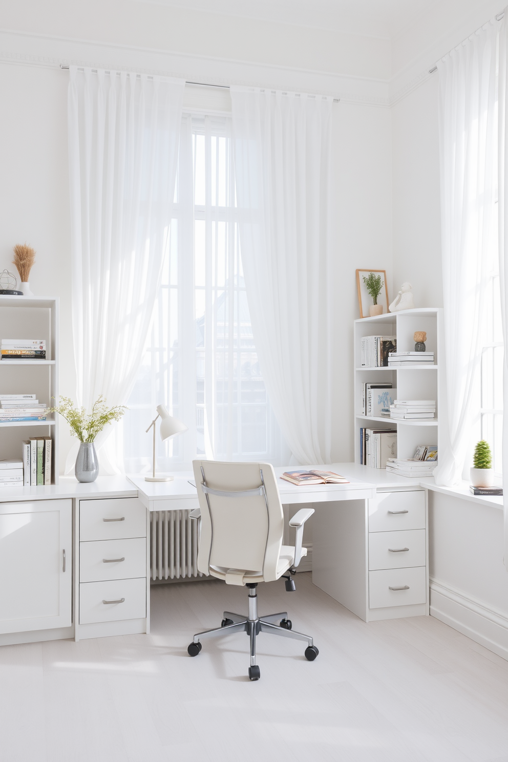 A serene white study room filled with natural light. The walls are painted in a soft white hue, creating a bright and airy atmosphere. Layered white curtains drape elegantly over large windows, allowing soft light to filter in. A sleek white desk sits in the center, complemented by a comfortable ergonomic chair and stylish shelves lined with books and decorative items.