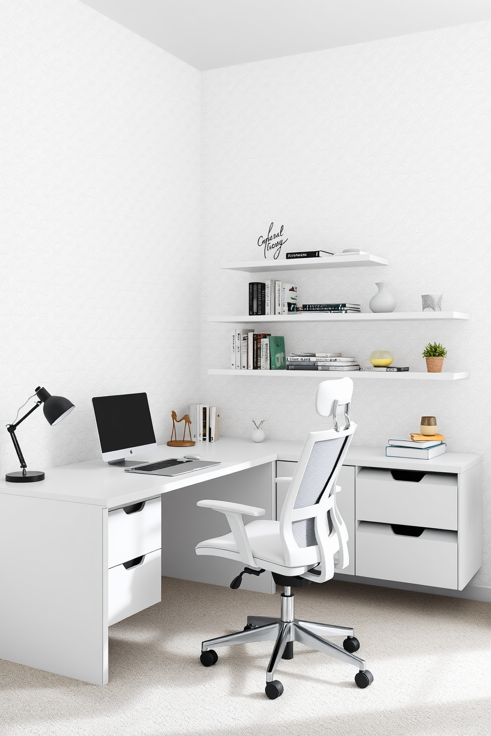 A serene white study room featuring textured white wallpaper that adds visual interest to the space. The room is furnished with a sleek white desk, a comfortable ergonomic chair, and floating shelves filled with books and decorative items.