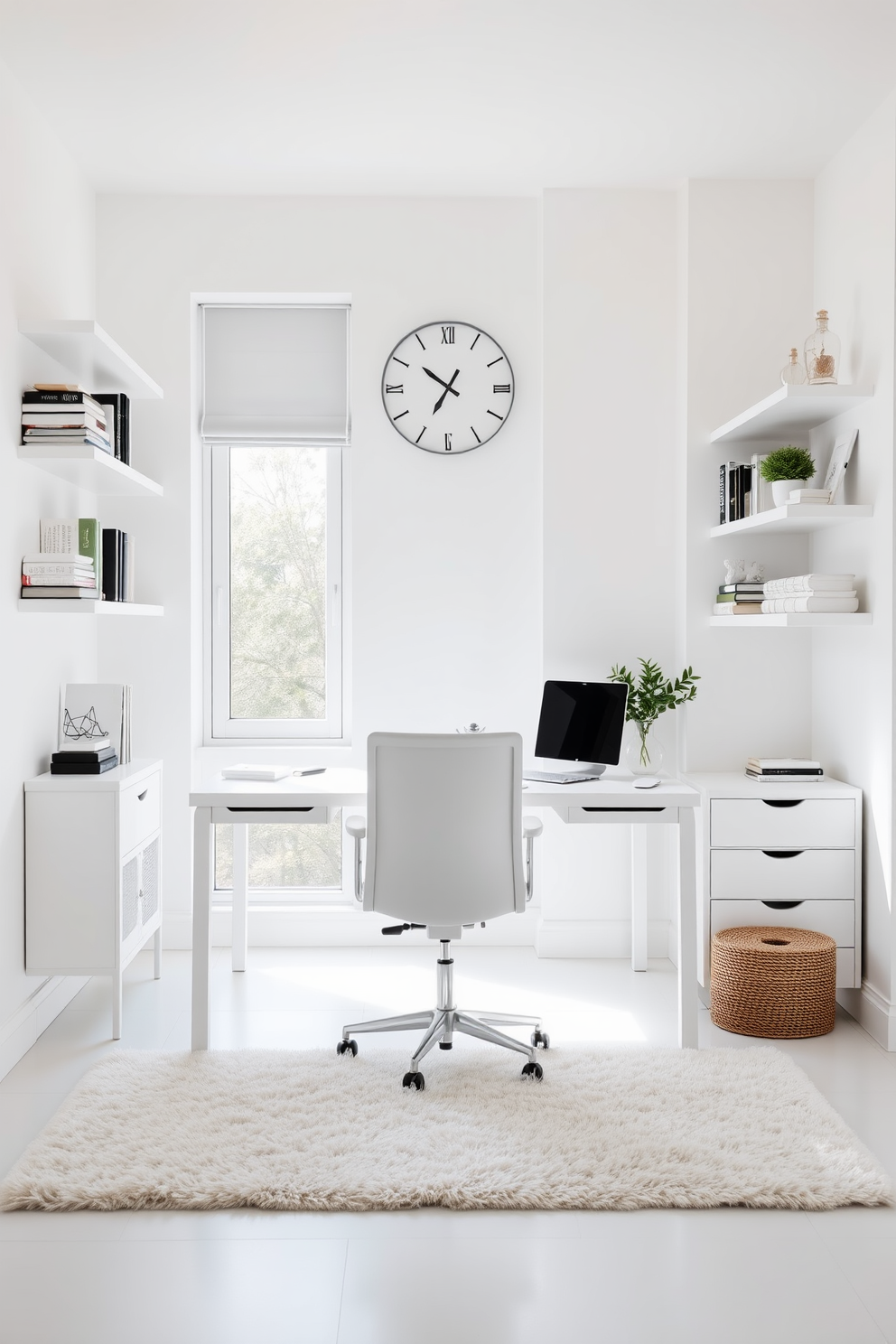 A bright and airy white study room features a sleek white desk positioned against a large window, allowing natural light to flood the space. A comfortable ergonomic chair is paired with the desk, and a statement clock with a minimalist design is mounted on the wall above it. The walls are adorned with floating shelves filled with books and decorative items, creating an organized yet stylish look. A plush area rug in a soft neutral tone anchors the room, adding warmth and comfort to the overall design.