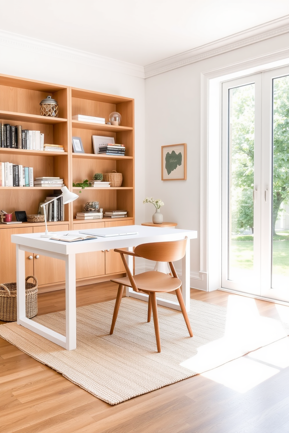 A bright and airy study room features a large white desk paired with a sleek wooden chair. The walls are painted in a soft white, creating a clean backdrop for the room's decor. Natural light floods in through a large window, illuminating a wooden bookshelf filled with books and decorative items. A cozy rug in neutral tones lies beneath the desk, adding warmth to the space.