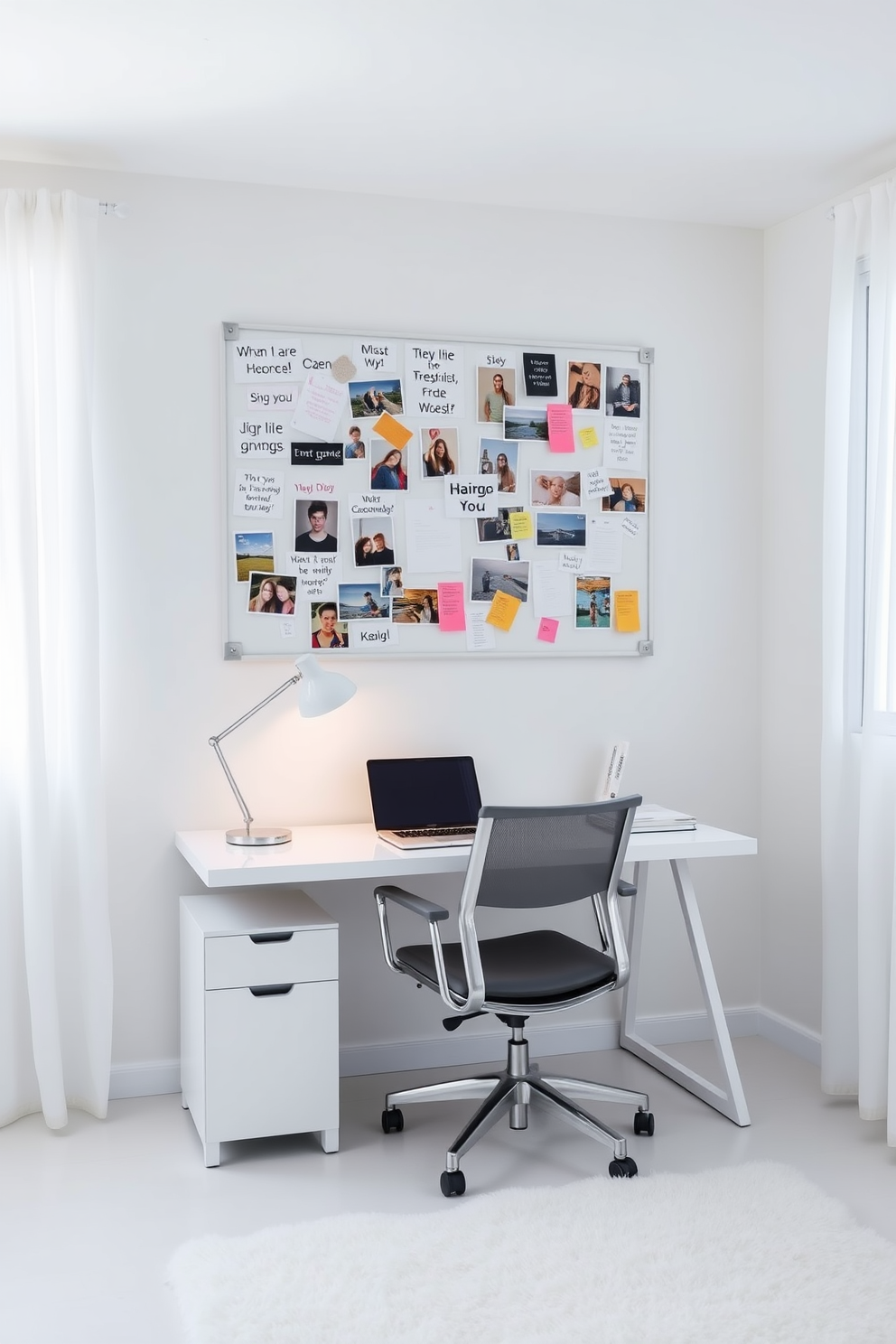 A personalized bulletin board filled with inspiring quotes, photographs, and colorful notes is mounted on a pristine white wall. Below the board, a sleek white desk with minimalist design features a stylish lamp and a laptop, creating an inviting workspace. The white study room is illuminated by natural light streaming through large windows dressed in sheer curtains. A comfortable ergonomic chair is placed at the desk, while a plush area rug adds warmth to the space, complementing the overall clean aesthetic.