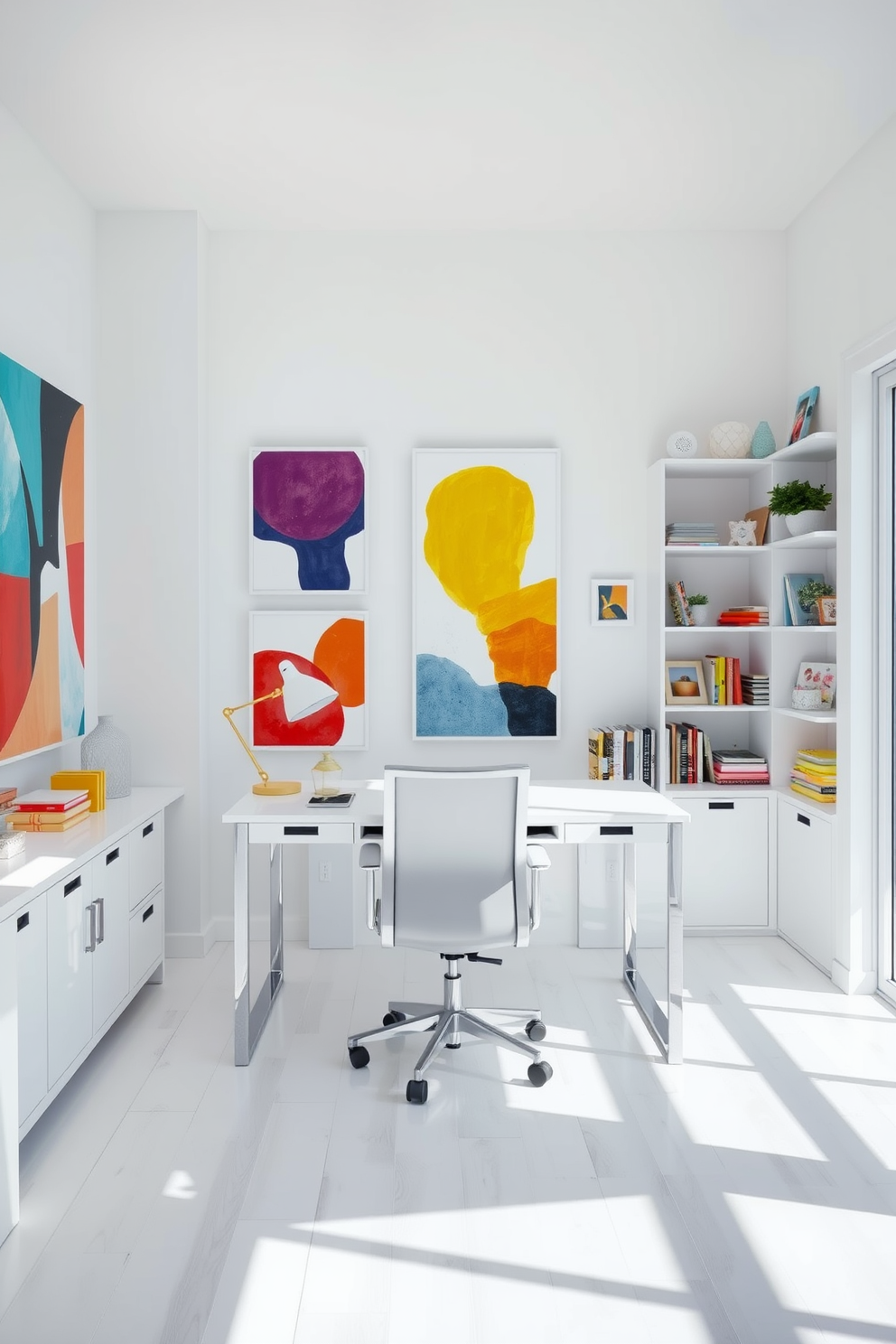 Bright white walls adorned with vibrant abstract artwork create a lively atmosphere. A sleek white desk with a minimalist design sits in the center, complemented by a comfortable ergonomic chair. Natural light floods the room through large windows, enhancing the cheerful ambiance. Shelves filled with books and decorative items line one wall, adding personality and warmth to the space.